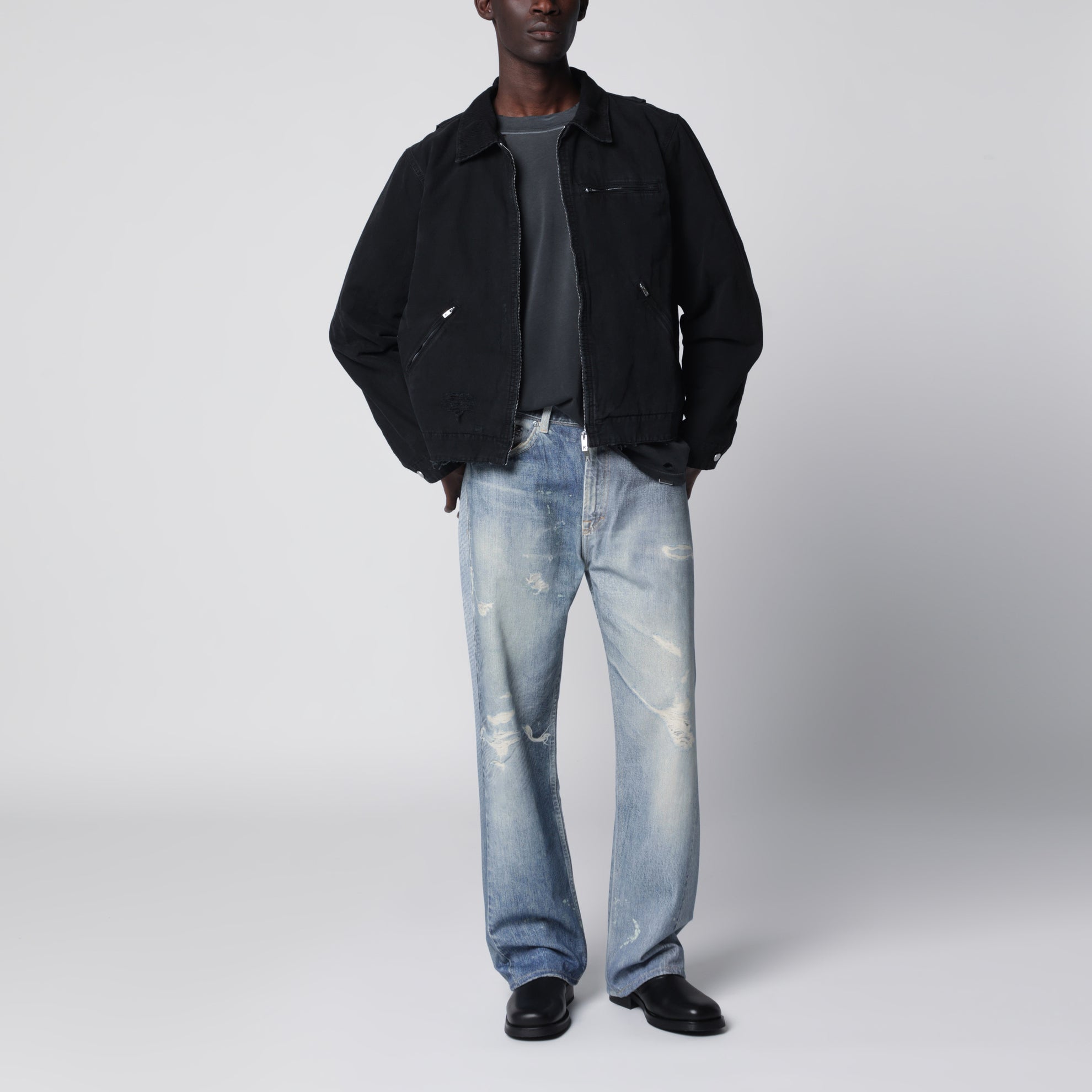 Long-sleeve zip-up cotton jacket in black
