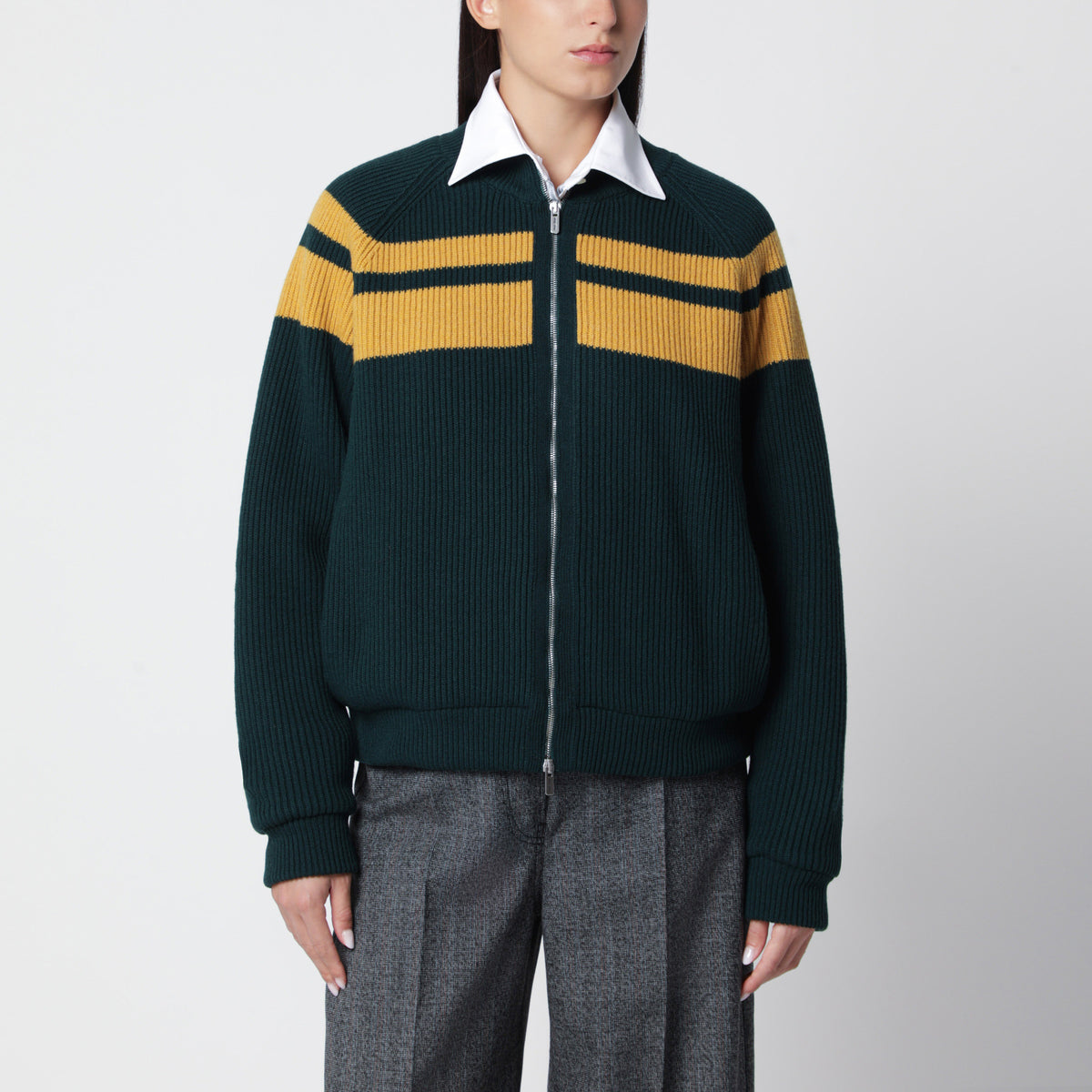 Cardigan zippé vert bouteille/jaune en laine