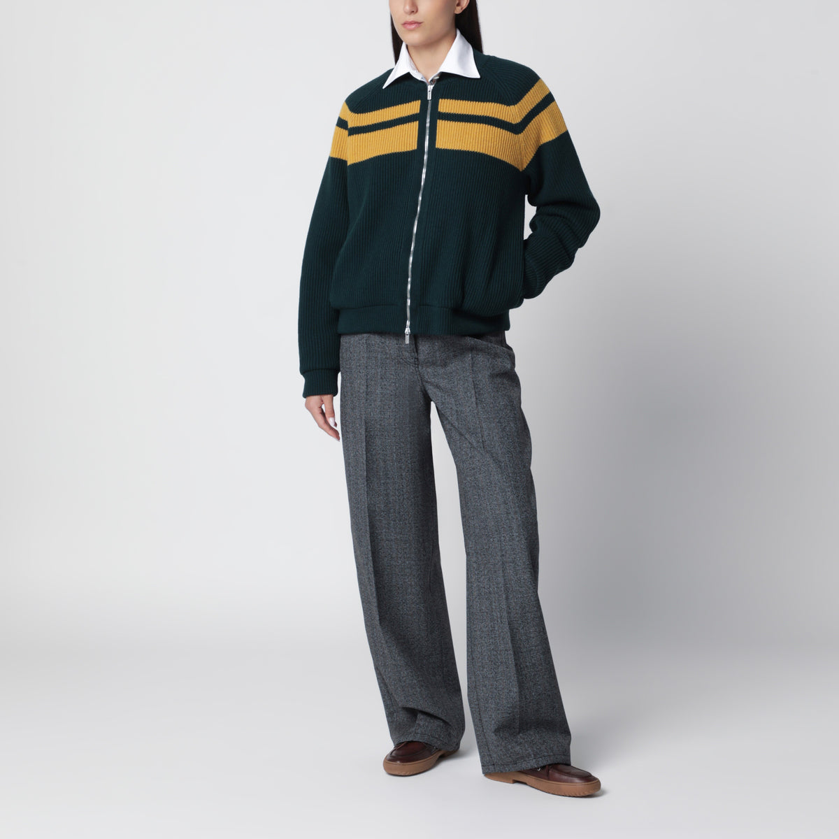 Cardigan zippé vert bouteille/jaune en laine
