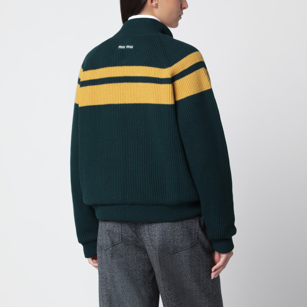 Cardigan zippé vert bouteille/jaune en laine