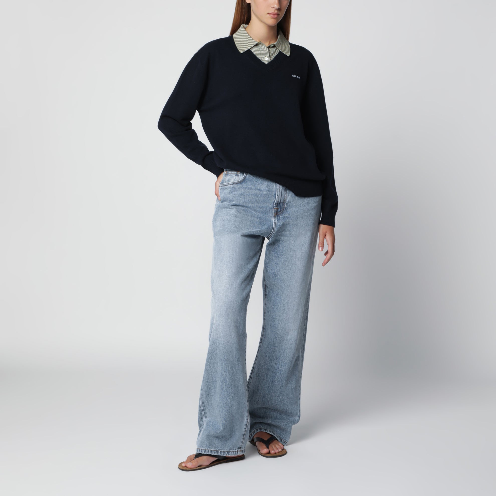 Maglia con colletto in lana e cashmere blu