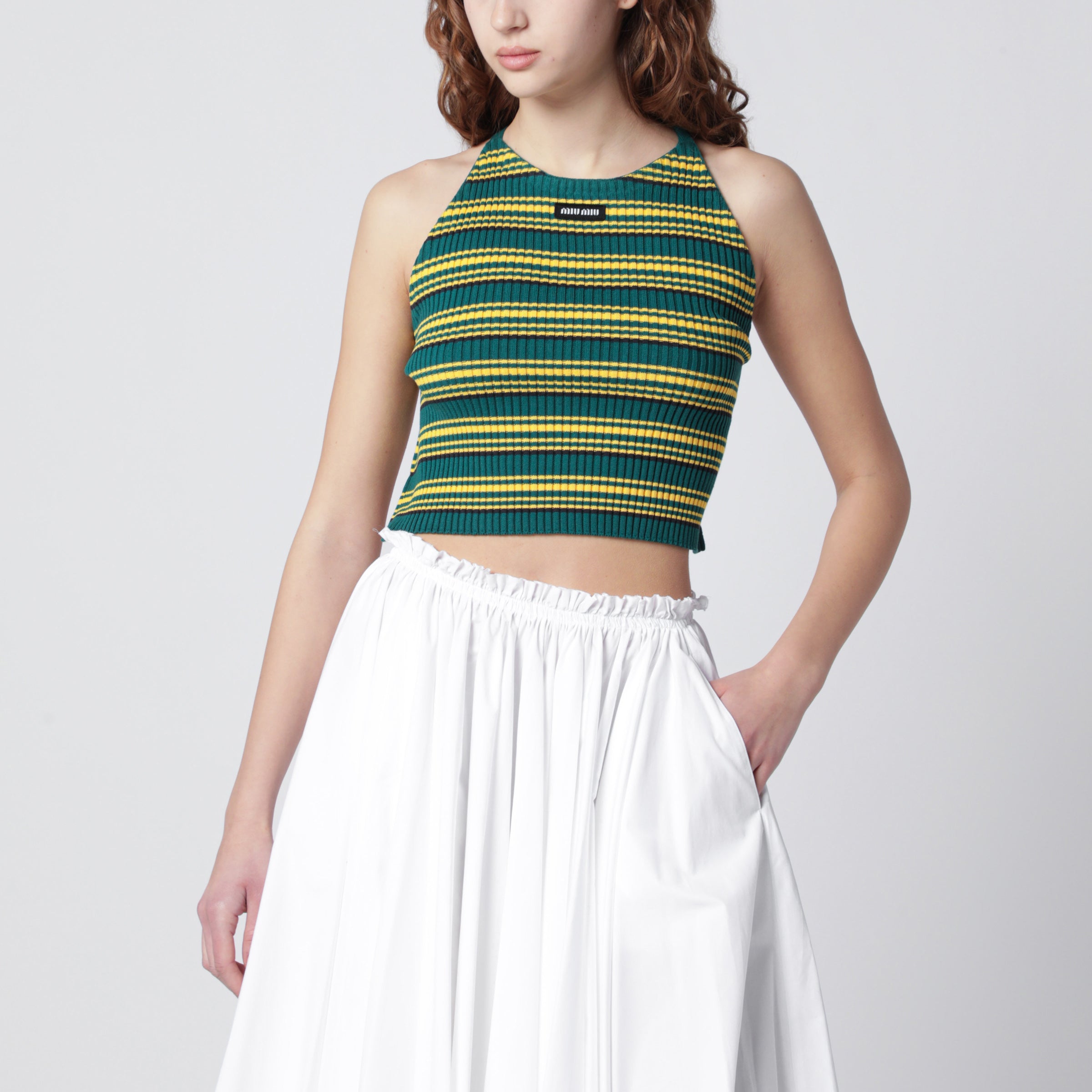MIU MIU Bottle green and yellow striped top | TheDoubleF