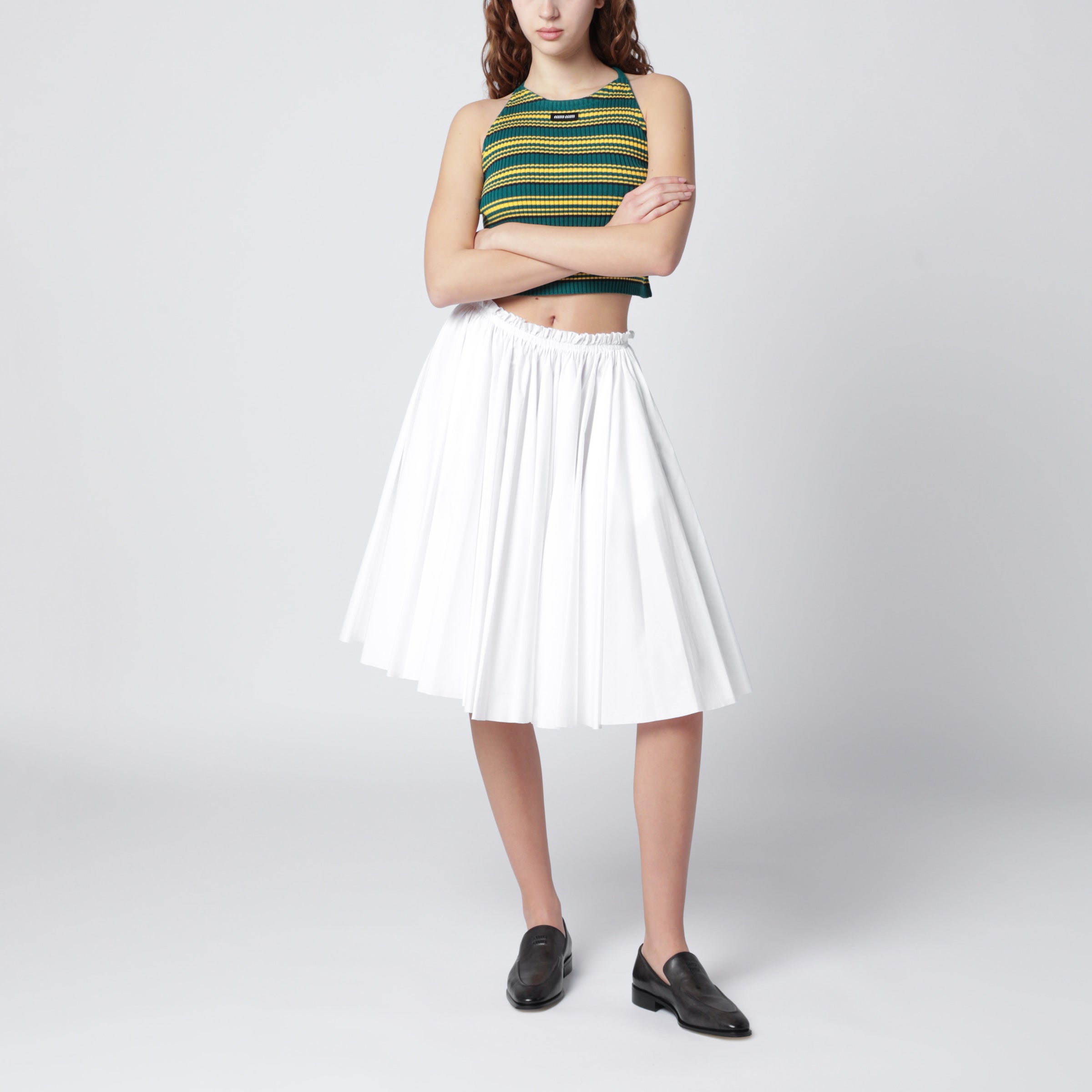MIU MIU Bottle green and yellow striped top | TheDoubleF