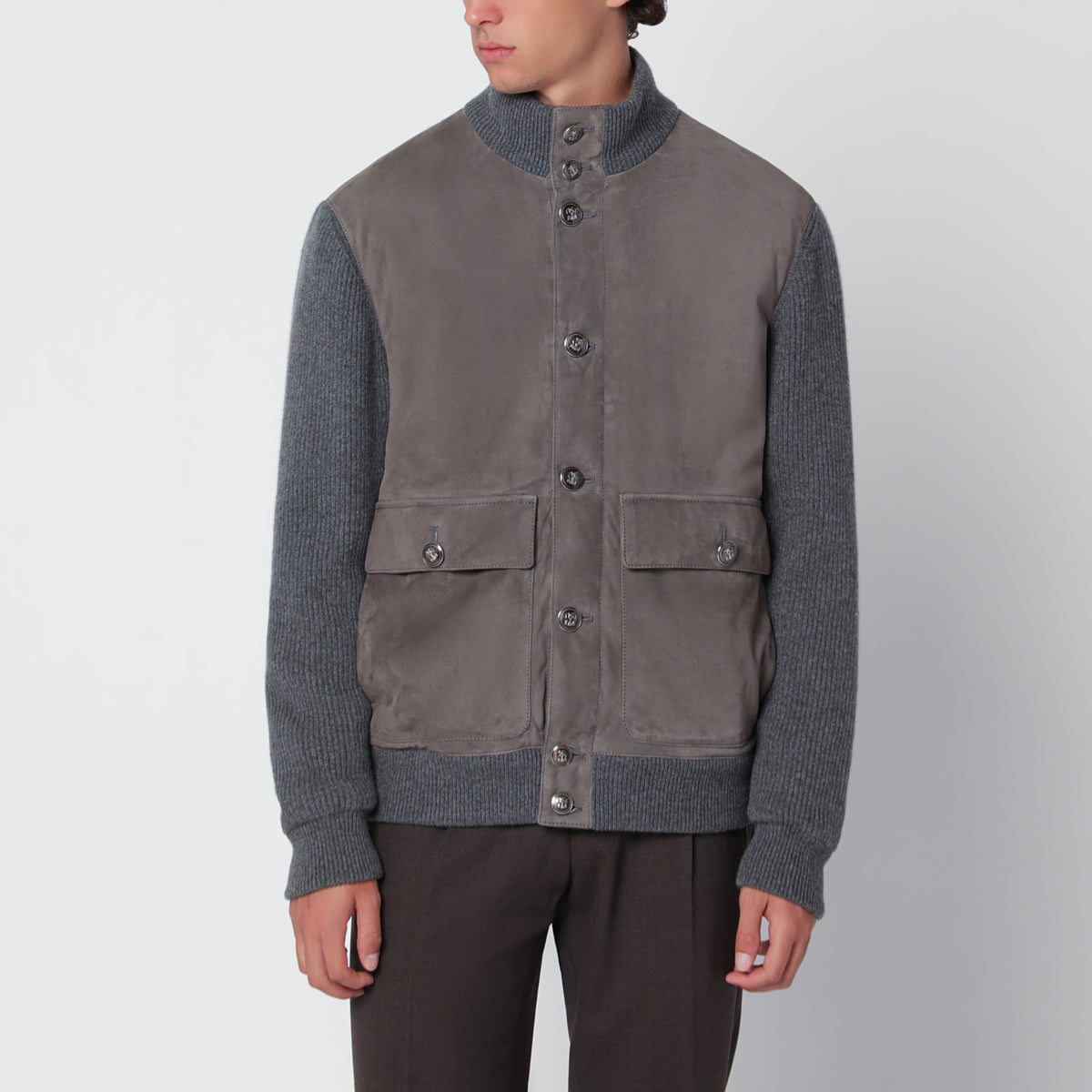 Giacca imbottita color acciaio in pelle e cashmere