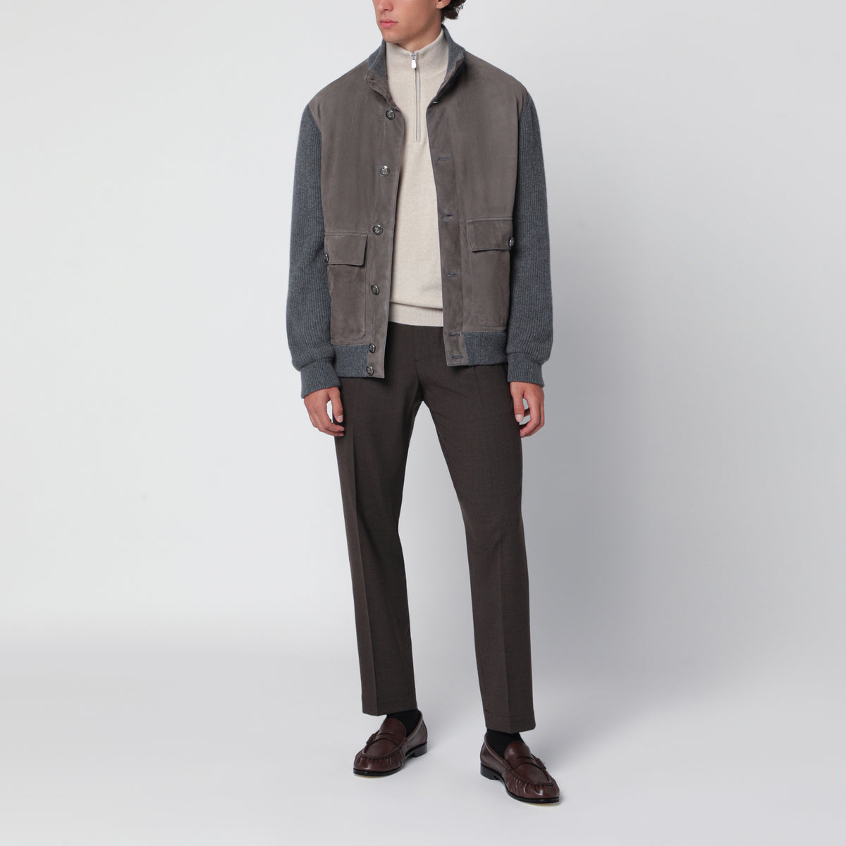 Giacca imbottita color acciaio in pelle e cashmere