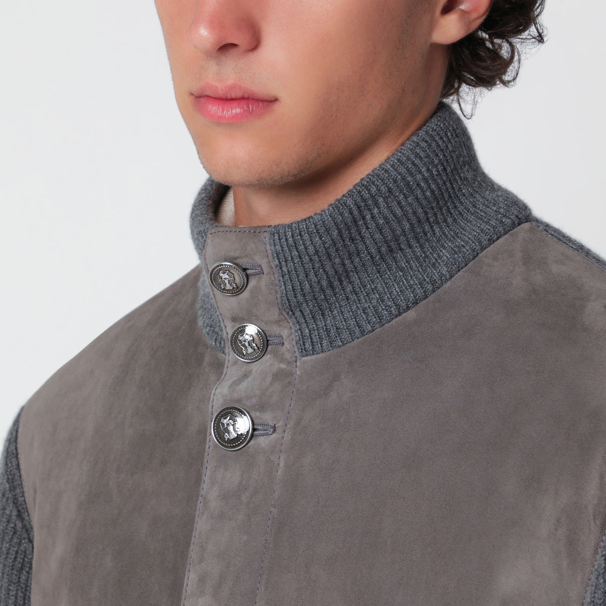 Giacca imbottita color acciaio in pelle e cashmere