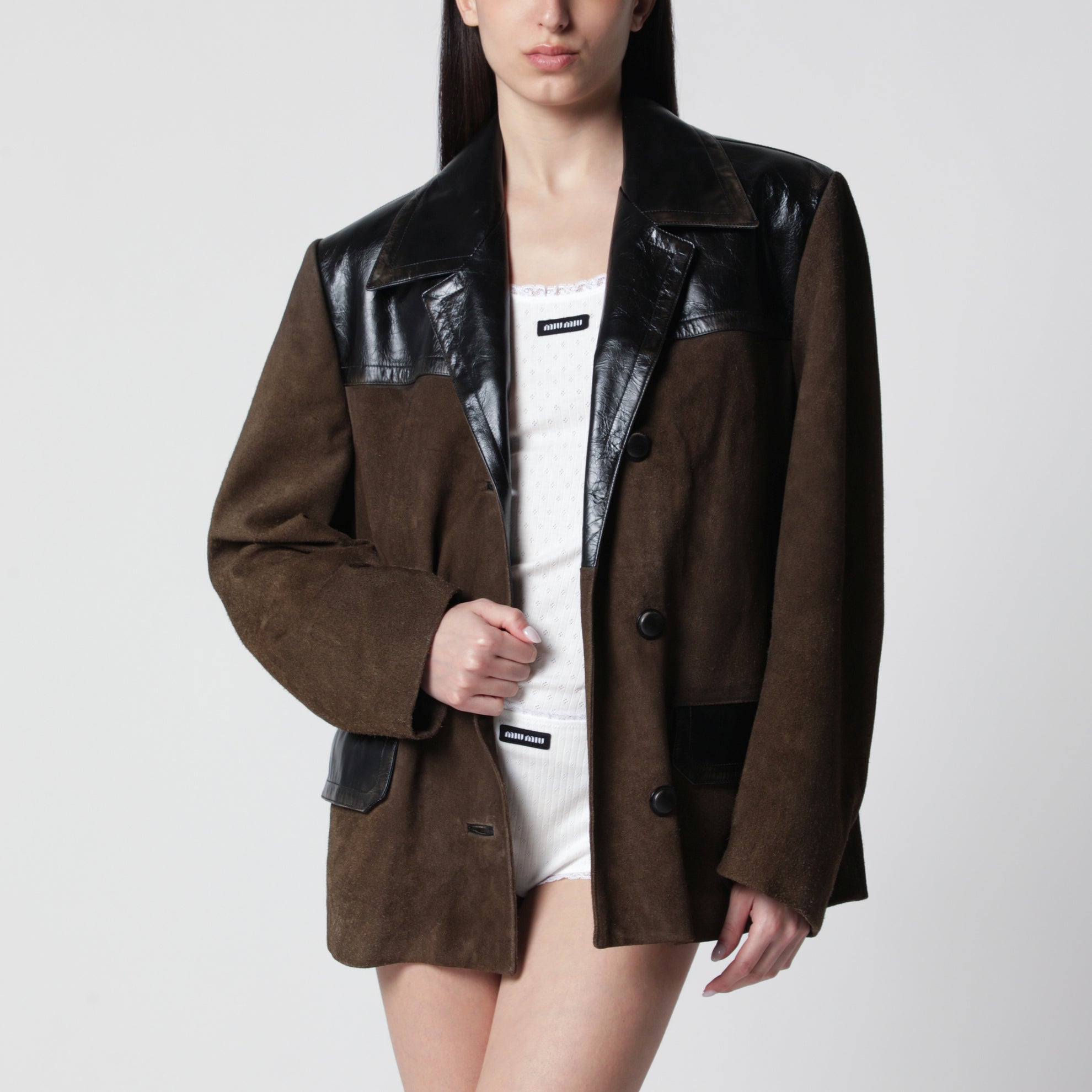 Suede leather jacket in mud color