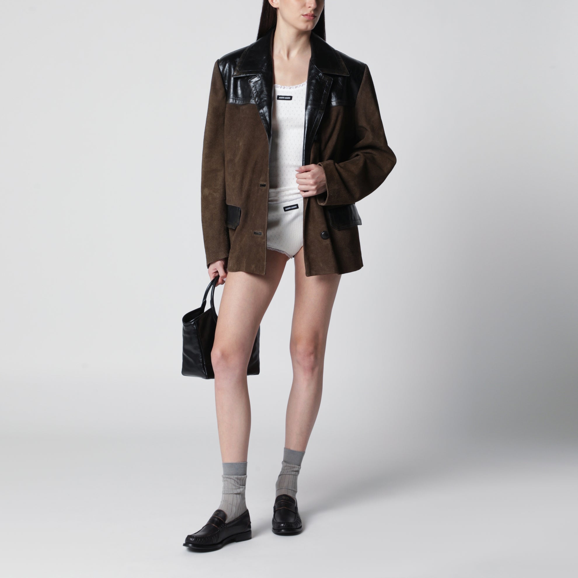 Suede leather jacket in mud color