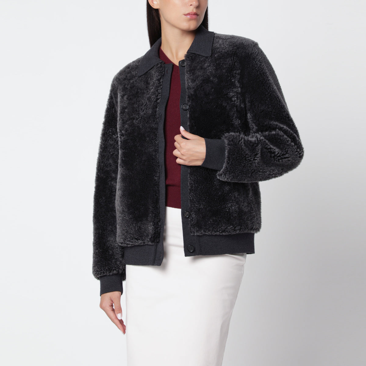 Blouson grigio in montone e maglia