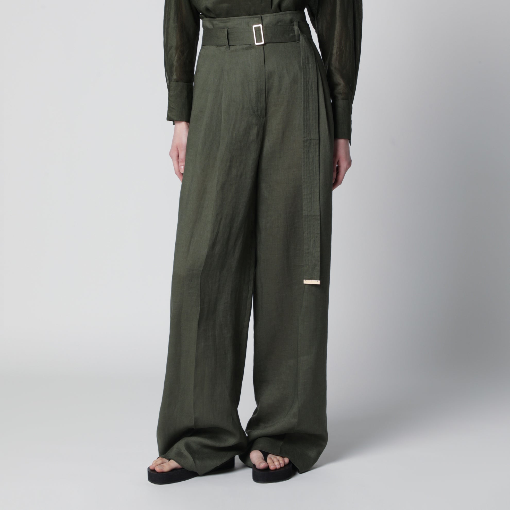 Pantalon wide leg taille haute en lin kaki