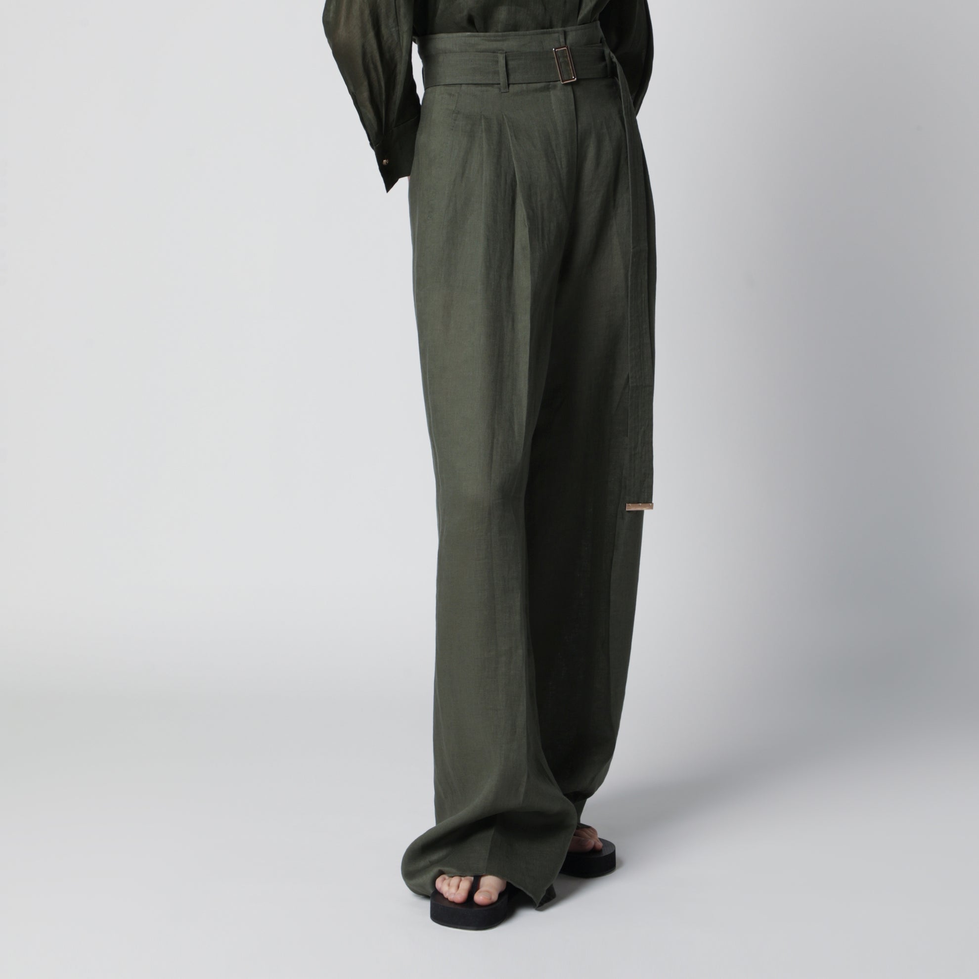 Pantalon wide leg taille haute en lin kaki