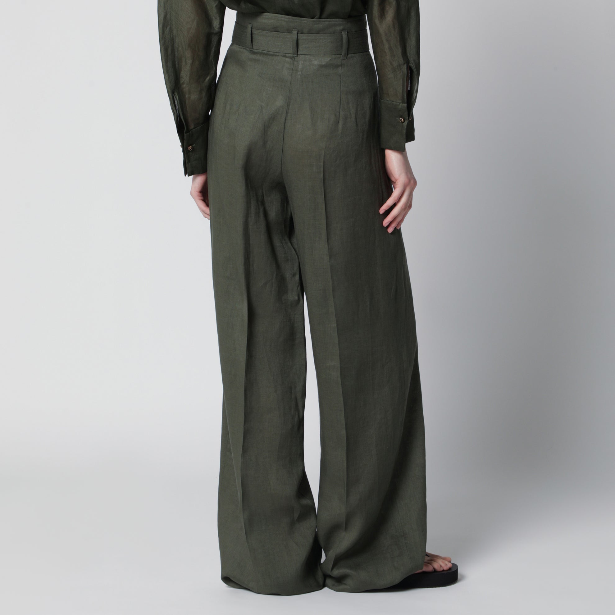 Pantalon wide leg taille haute en lin kaki