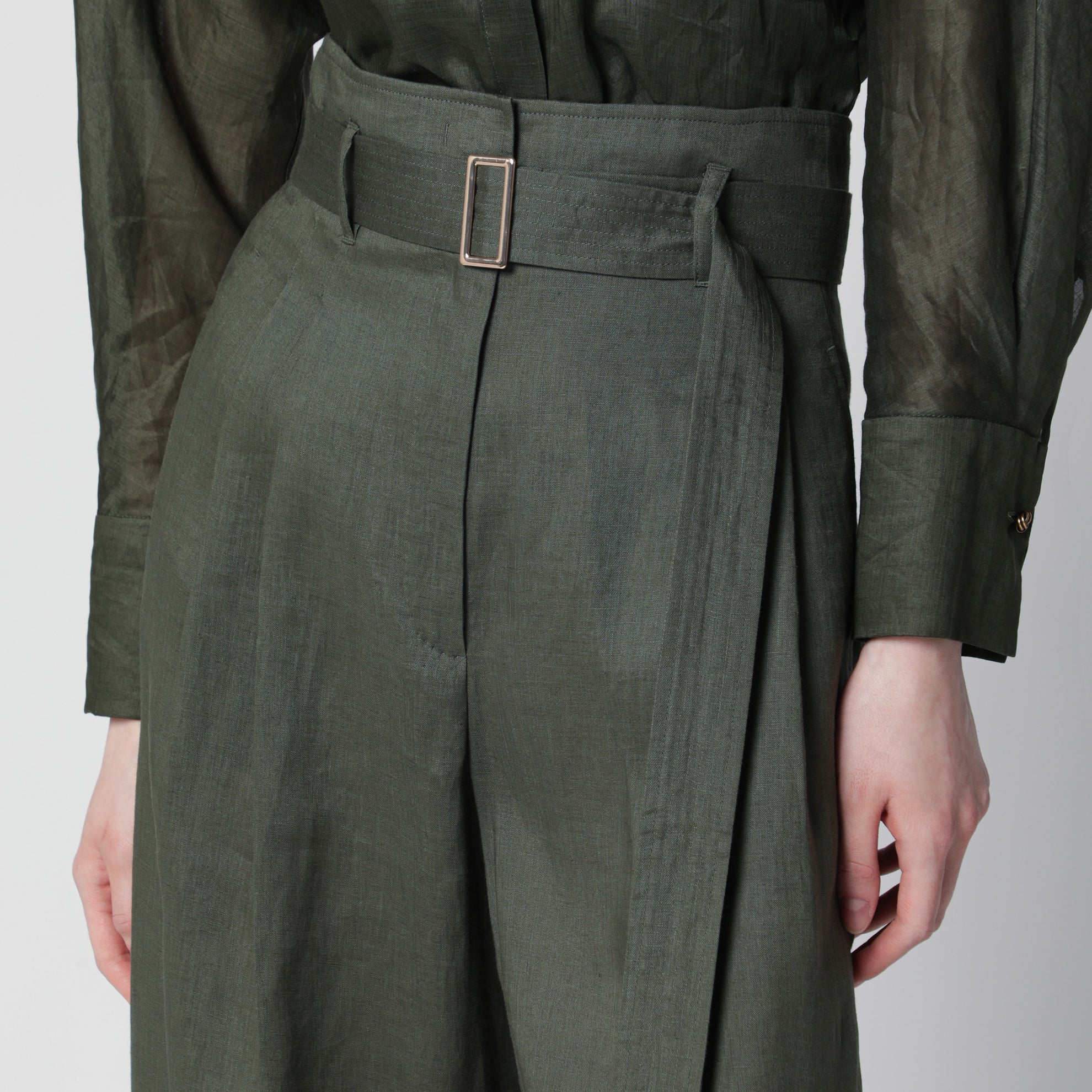 Pantalon wide leg taille haute en lin kaki