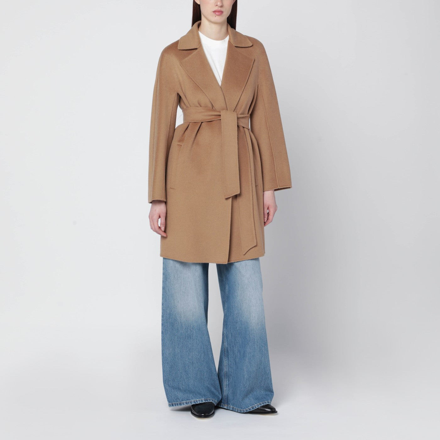 Manteau portefeuille camel en cachemire et laine