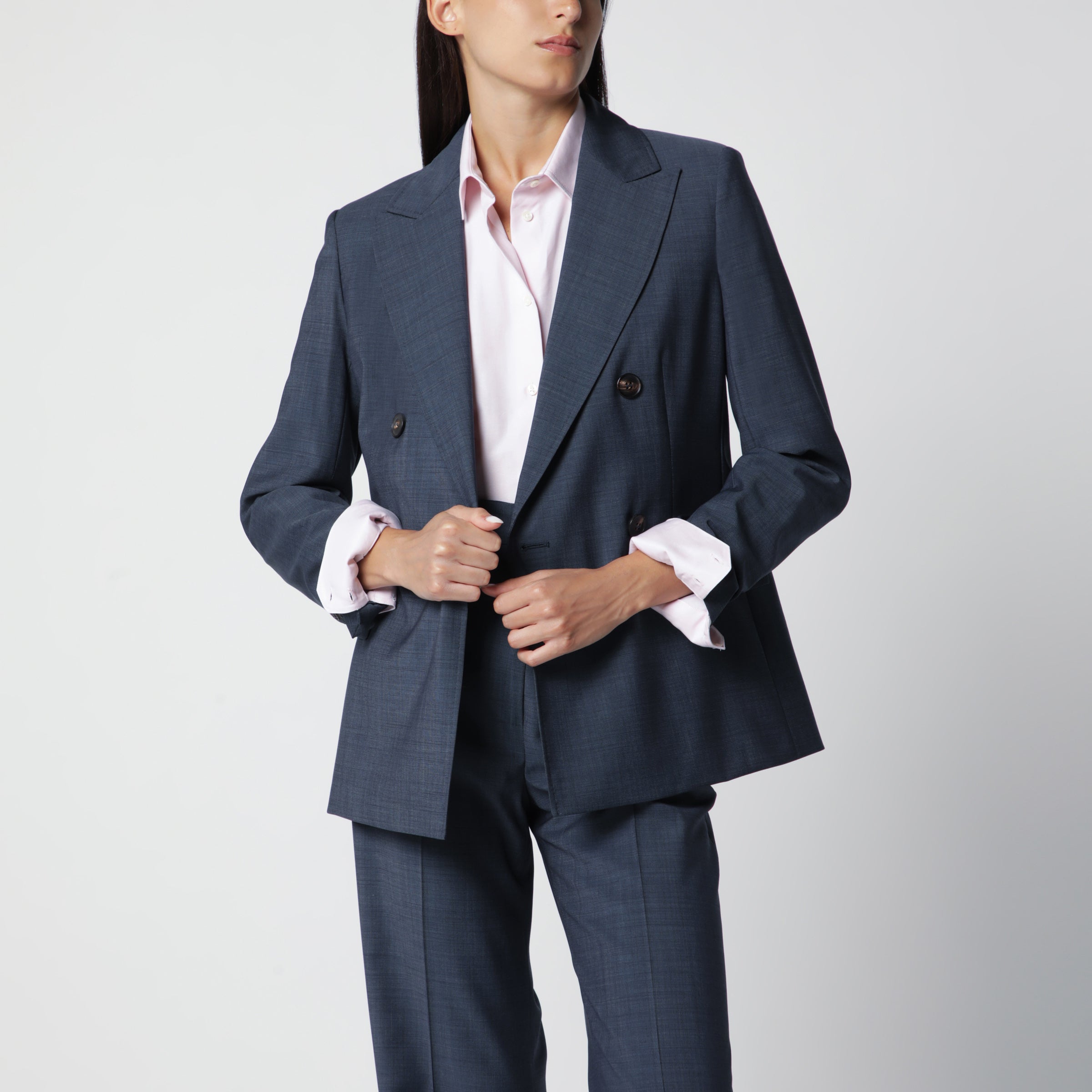 Max Mara Studio Double-Breasted Jacket in Denim Blue Wool Canvas