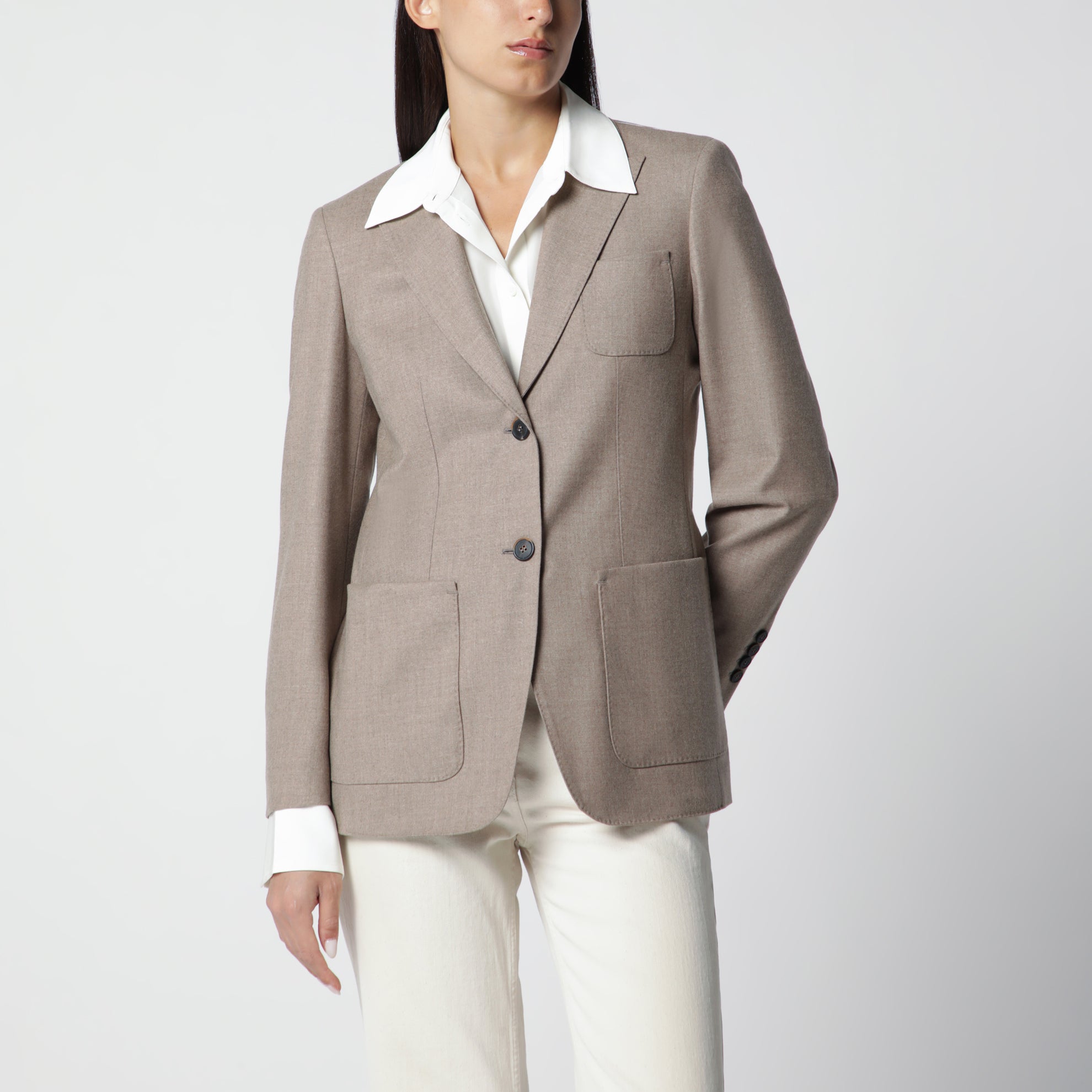 Single-Breasted Jacket in Dark Khaki Cashmere Foulé