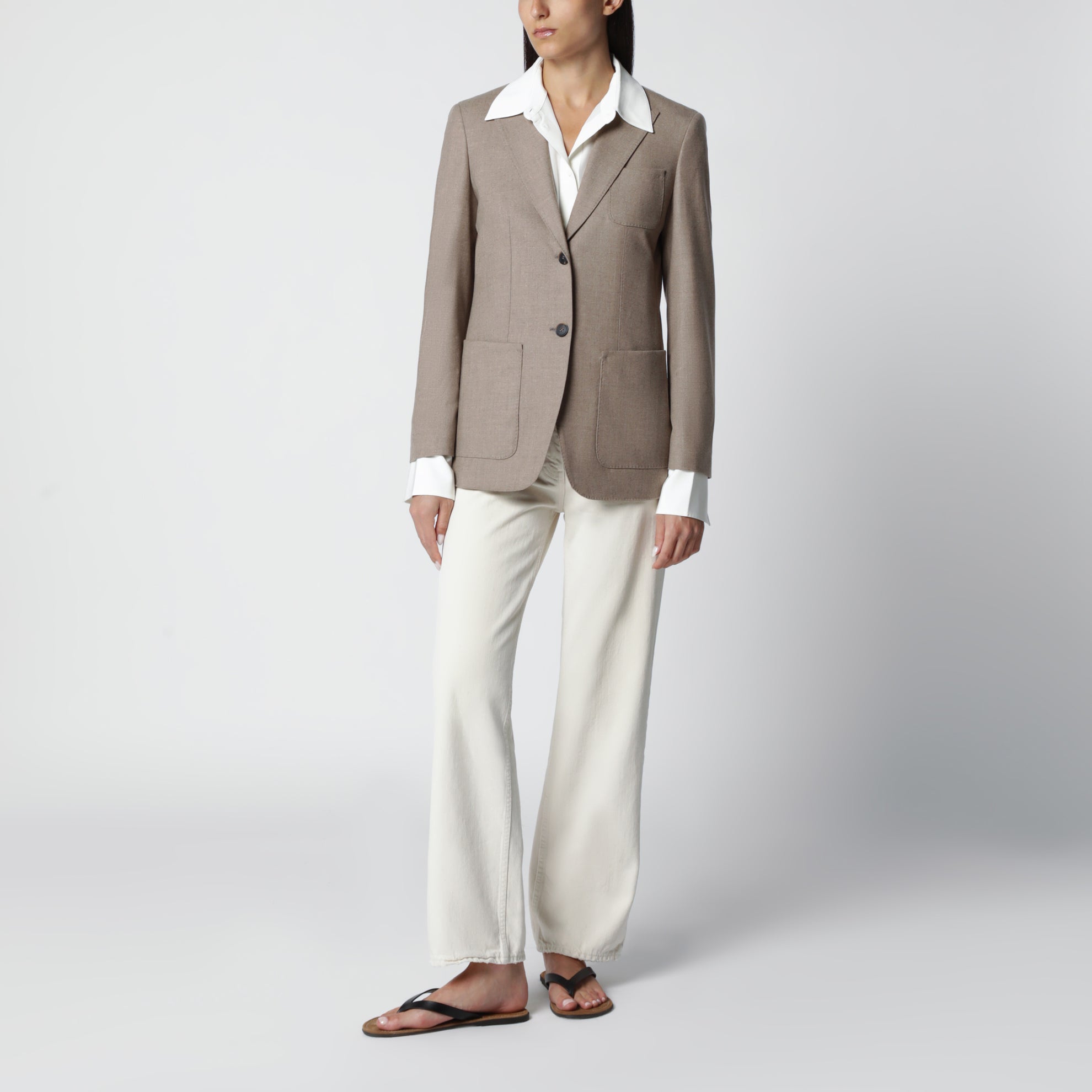 Single-Breasted Jacket in Dark Khaki Cashmere Foulé
