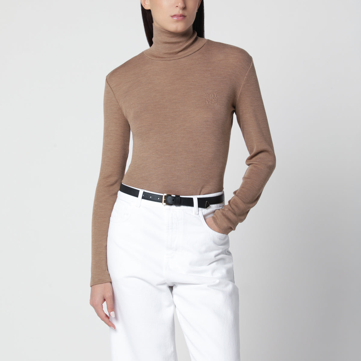 Camel melierter Rollkragenpullover aus Schurwolle