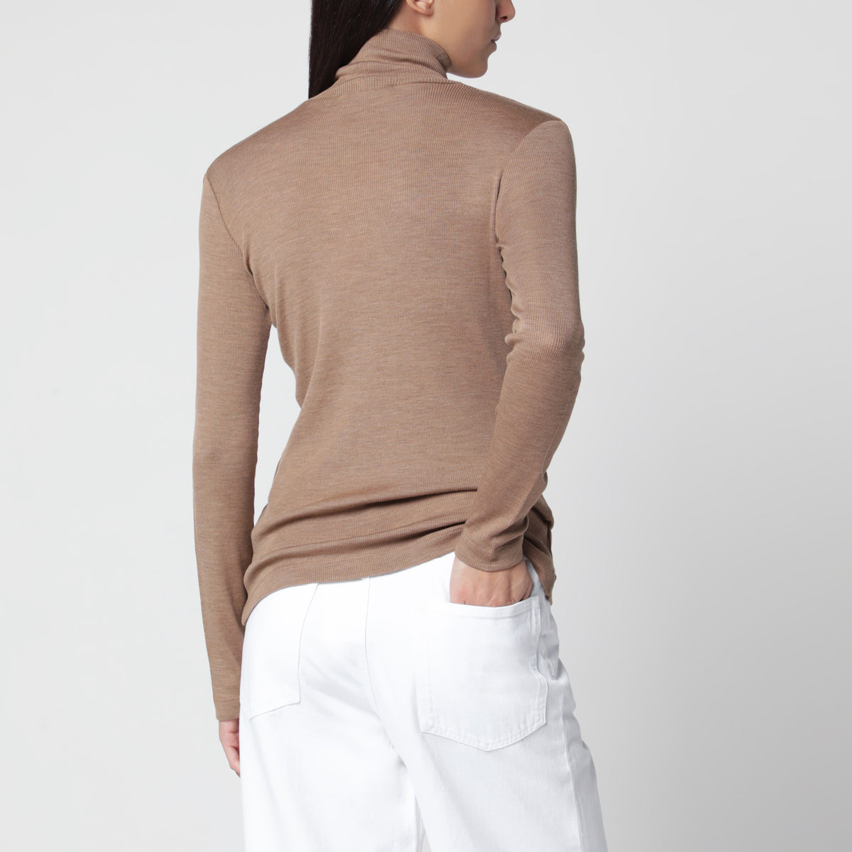 Camel melierter Rollkragenpullover aus Schurwolle