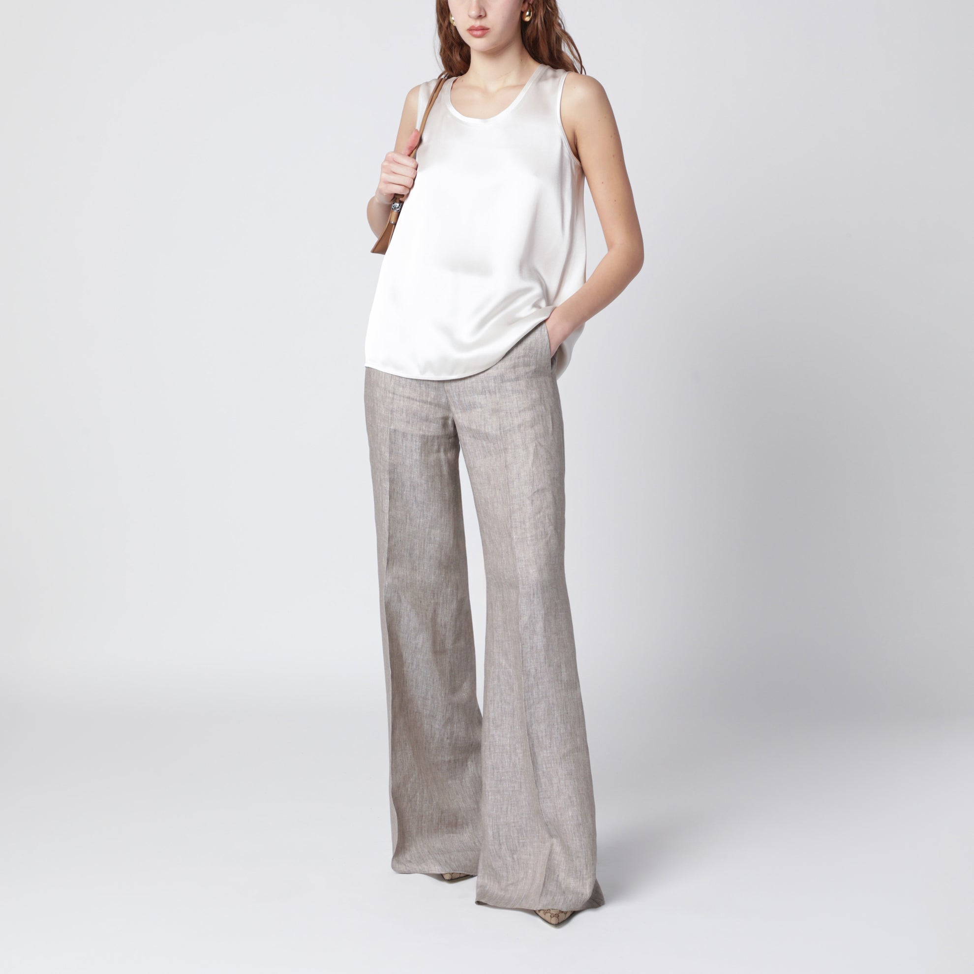 Pantalon en lin chevron beige