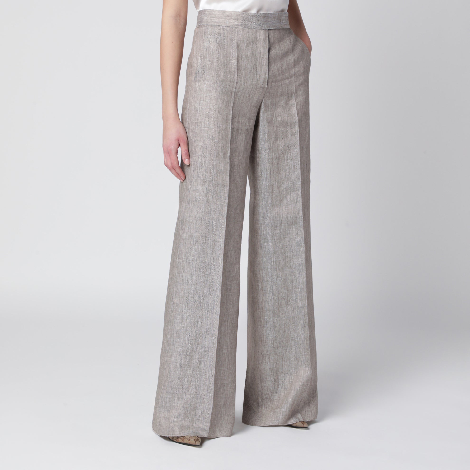 Pantalon en lin chevron beige