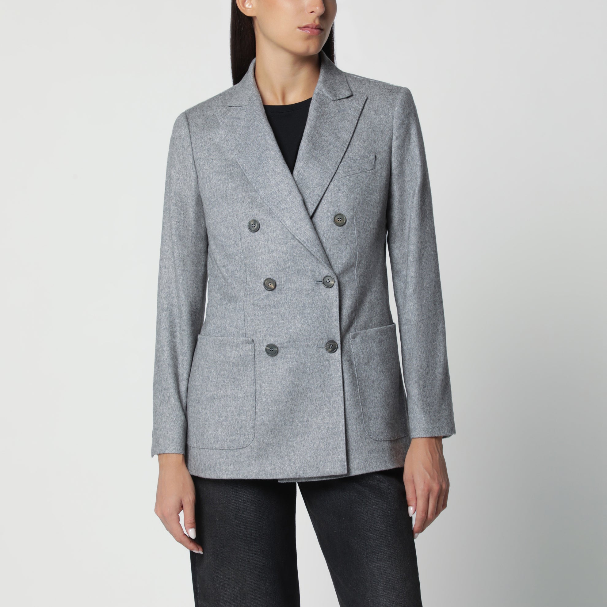 Blazer doppiopetto in seta e cashmere grigio