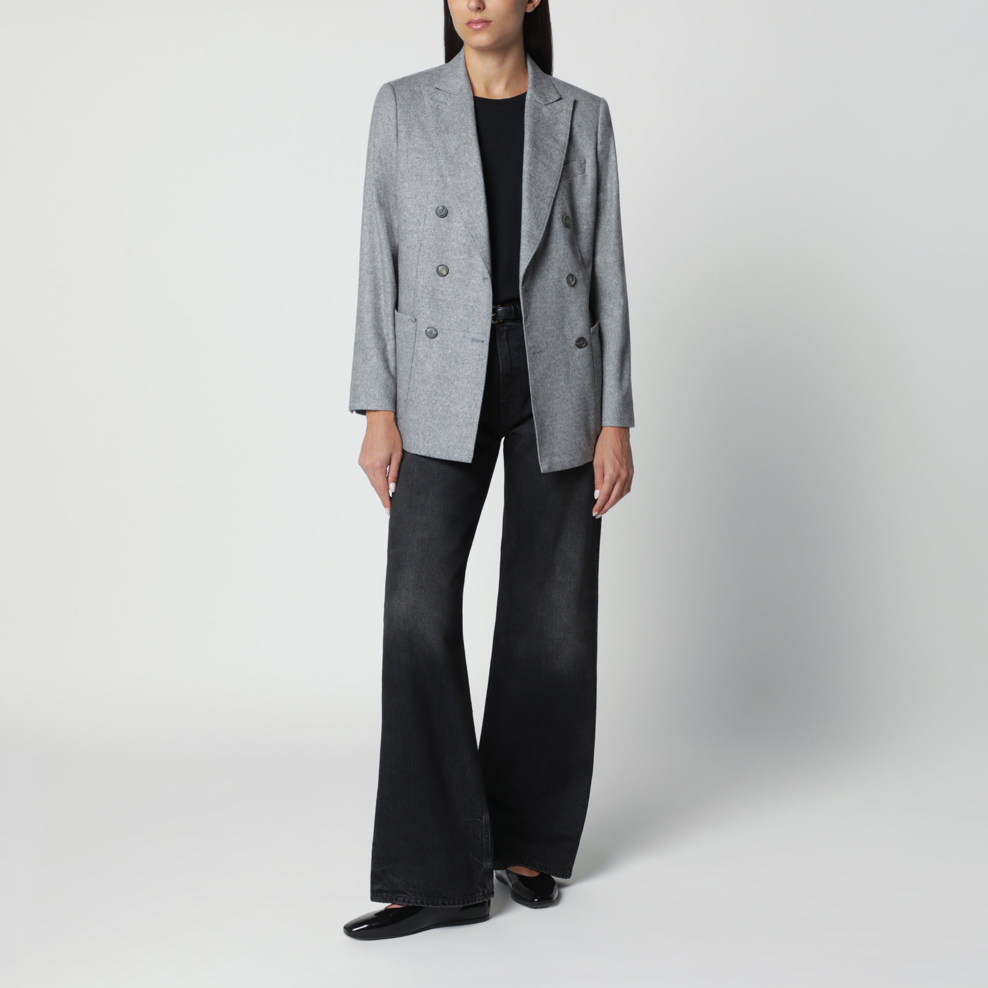 Blazer doppiopetto in seta e cashmere grigio