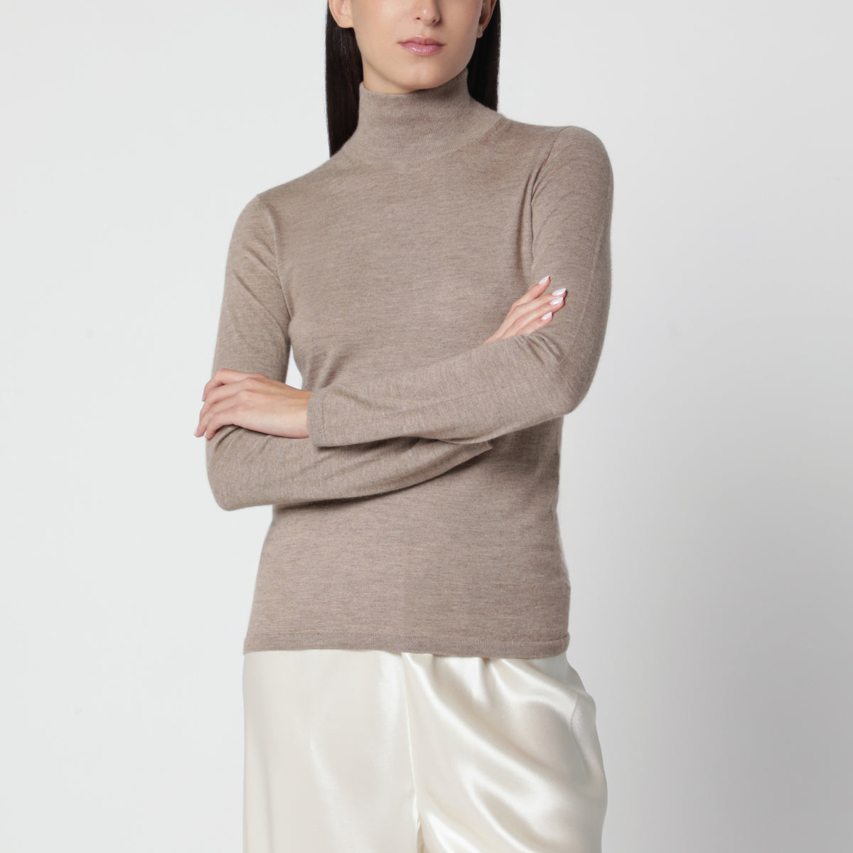 Dunkelbrauner melierter Kaschmir-Rollkragenpullover