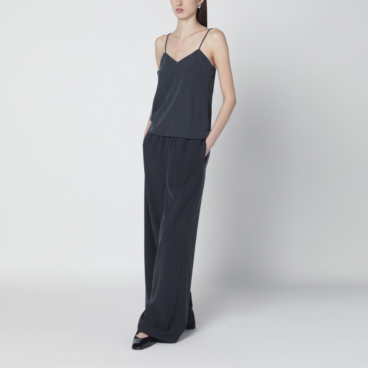 Wide-leg blue silk trousers