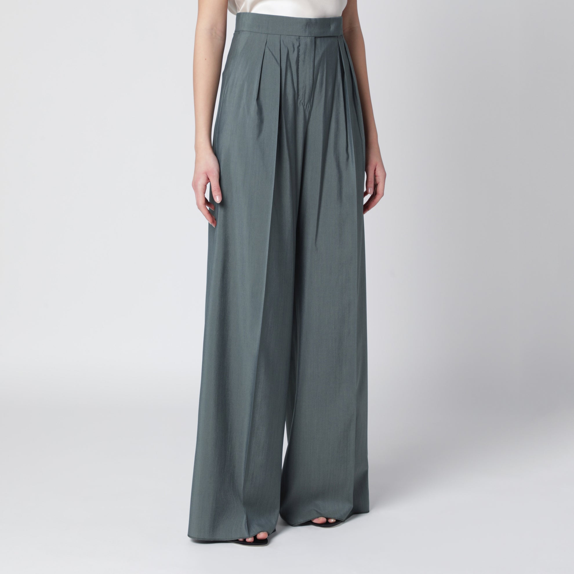 Pantalon large en laine et soie vert foncé