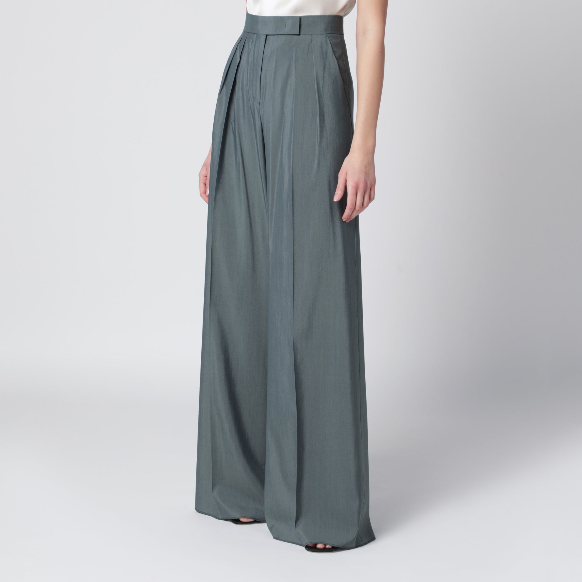 Pantalon large en laine et soie vert foncé