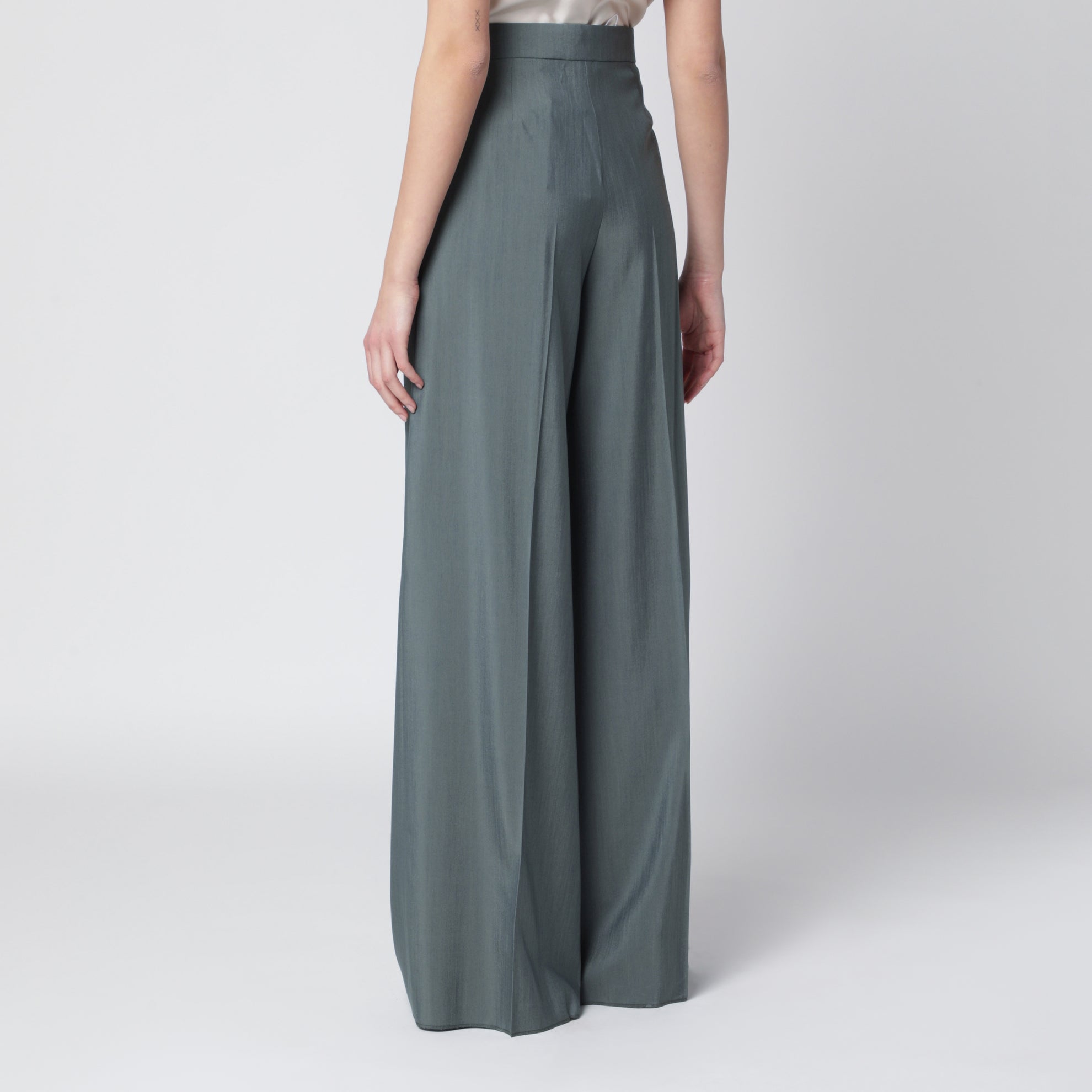 Pantalon large en laine et soie vert foncé