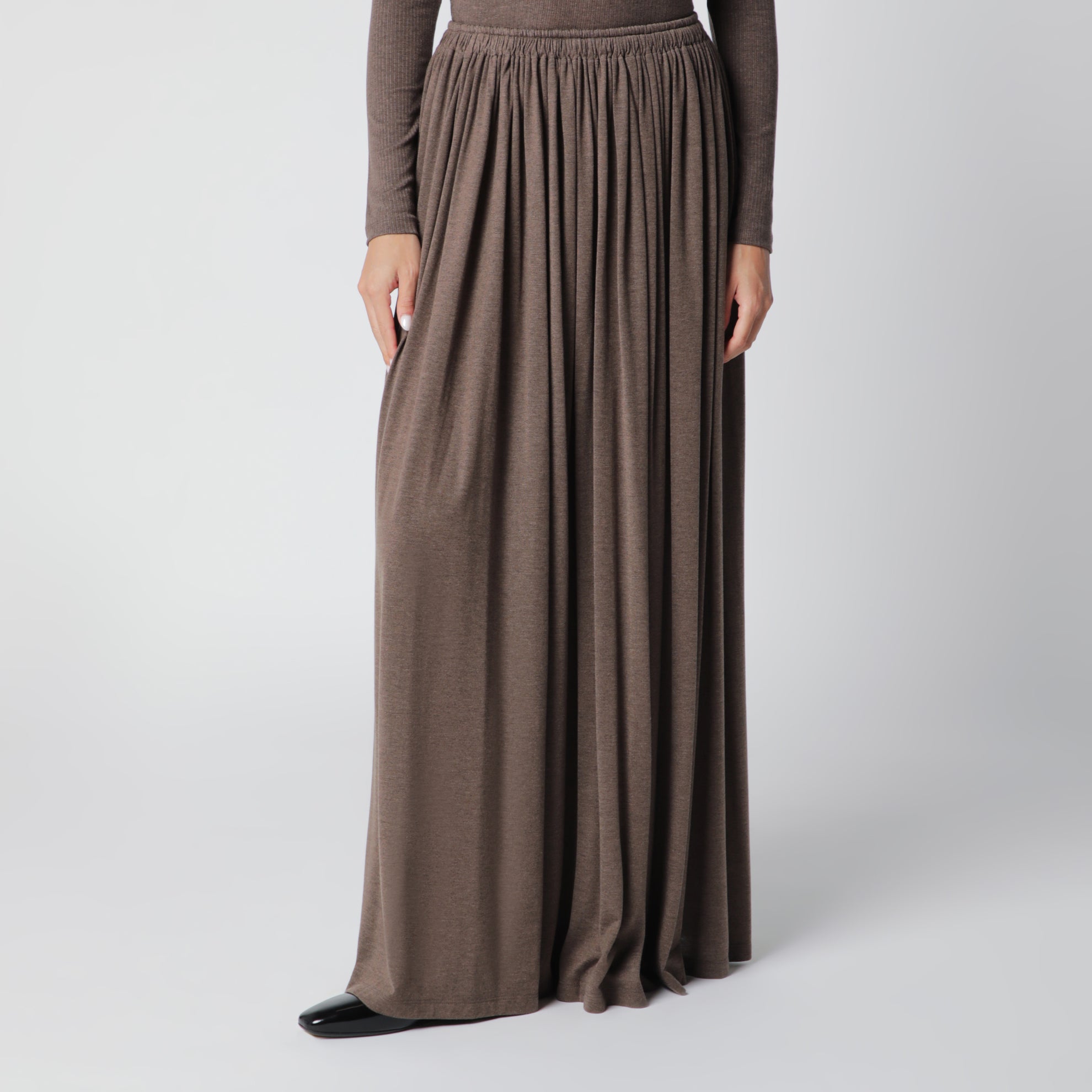 Long Pleated Skirt in Dark Khaki Lightweight Jersey