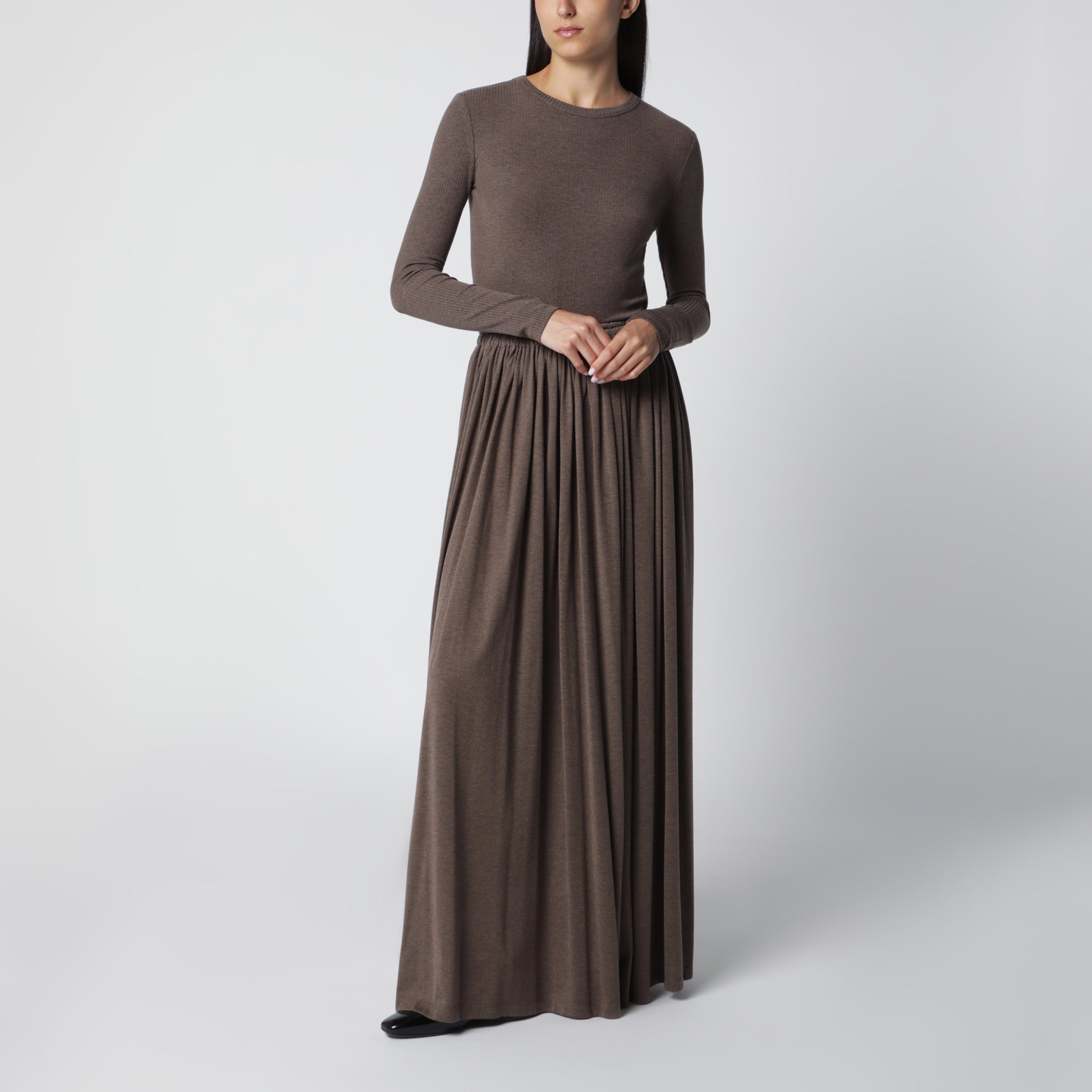 Long Pleated Skirt in Dark Khaki Lightweight Jersey