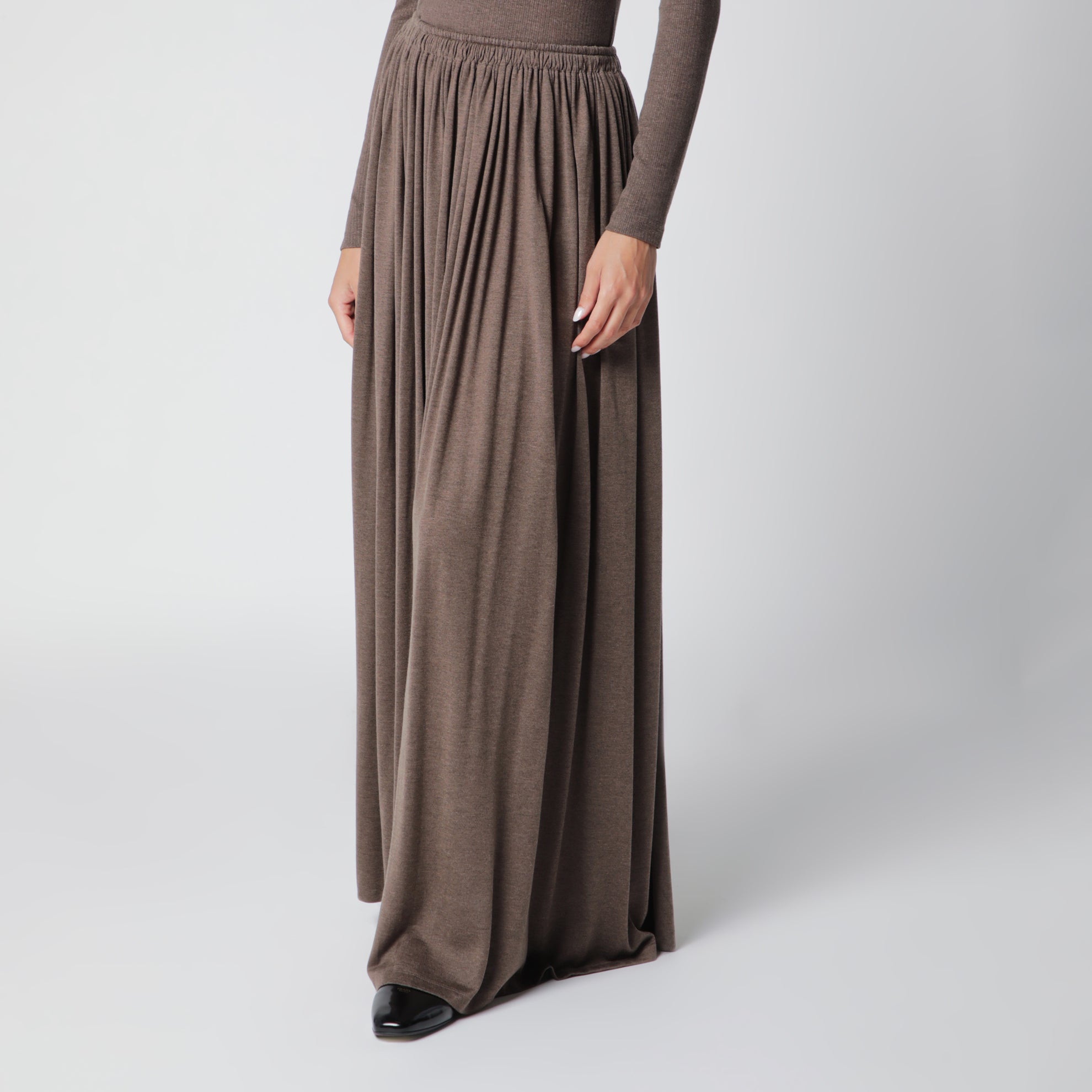 Long Pleated Skirt in Dark Khaki Lightweight Jersey