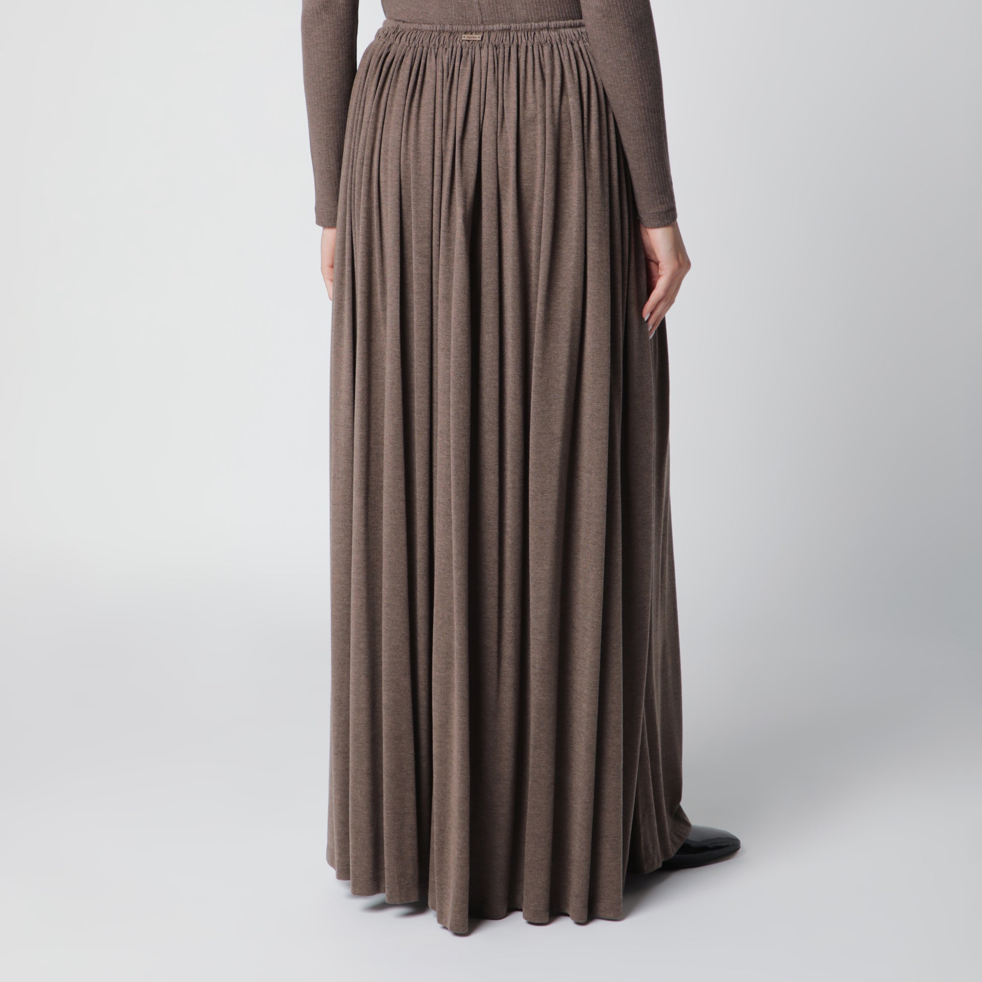 Long Pleated Skirt in Dark Khaki Lightweight Jersey