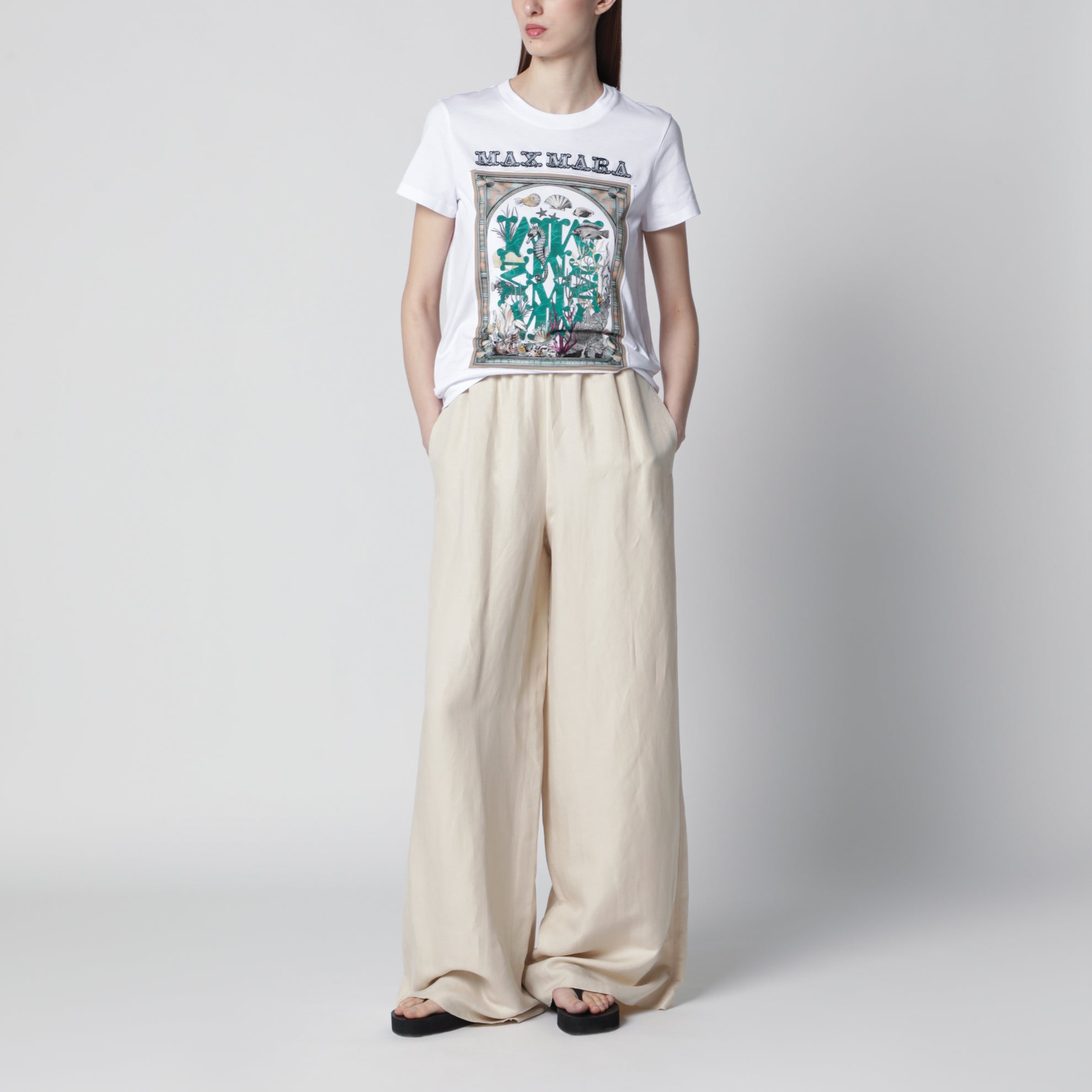 Pantaloni wide leg in twill di lino e seta beige
