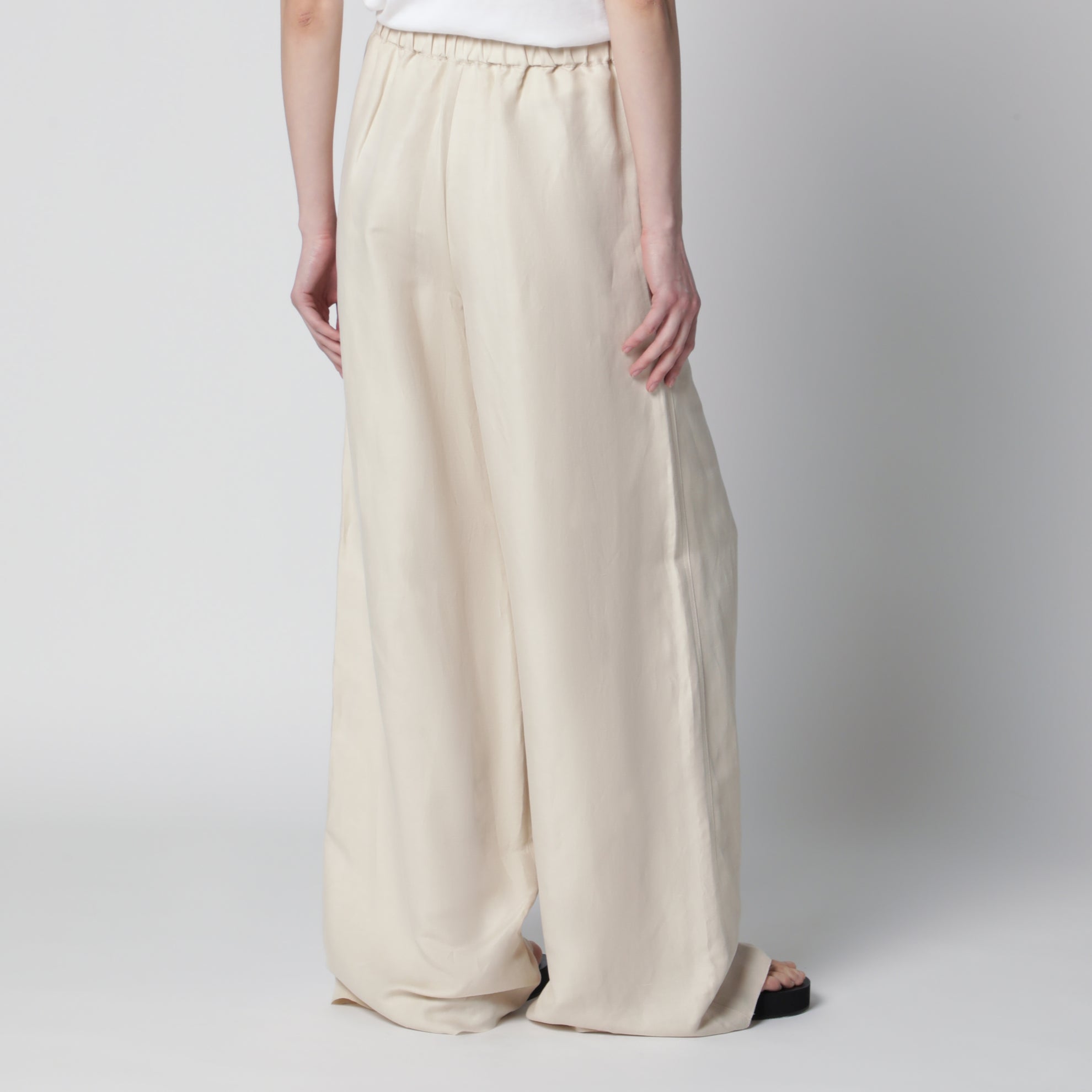Pantaloni wide leg in twill di lino e seta beige