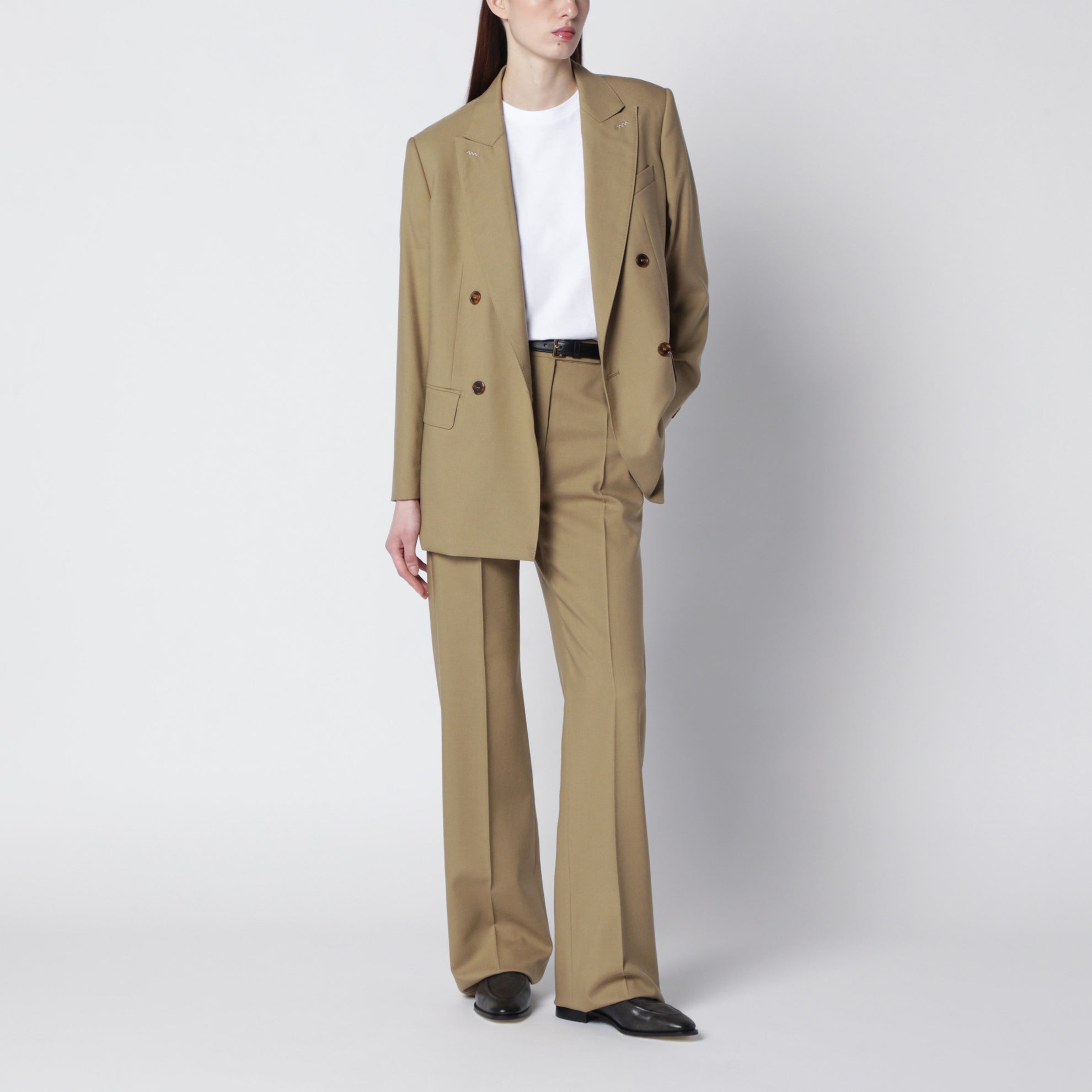 Weite Hose aus Woll-Seiden-Popeline in Kamelton