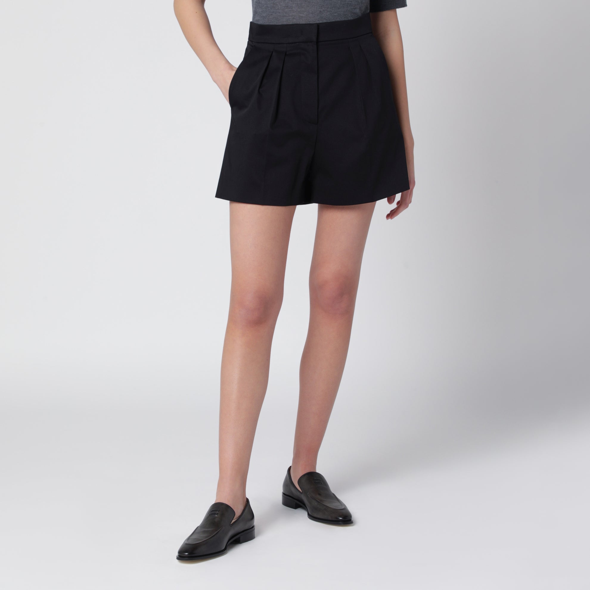 Black stretch cotton satin shorts