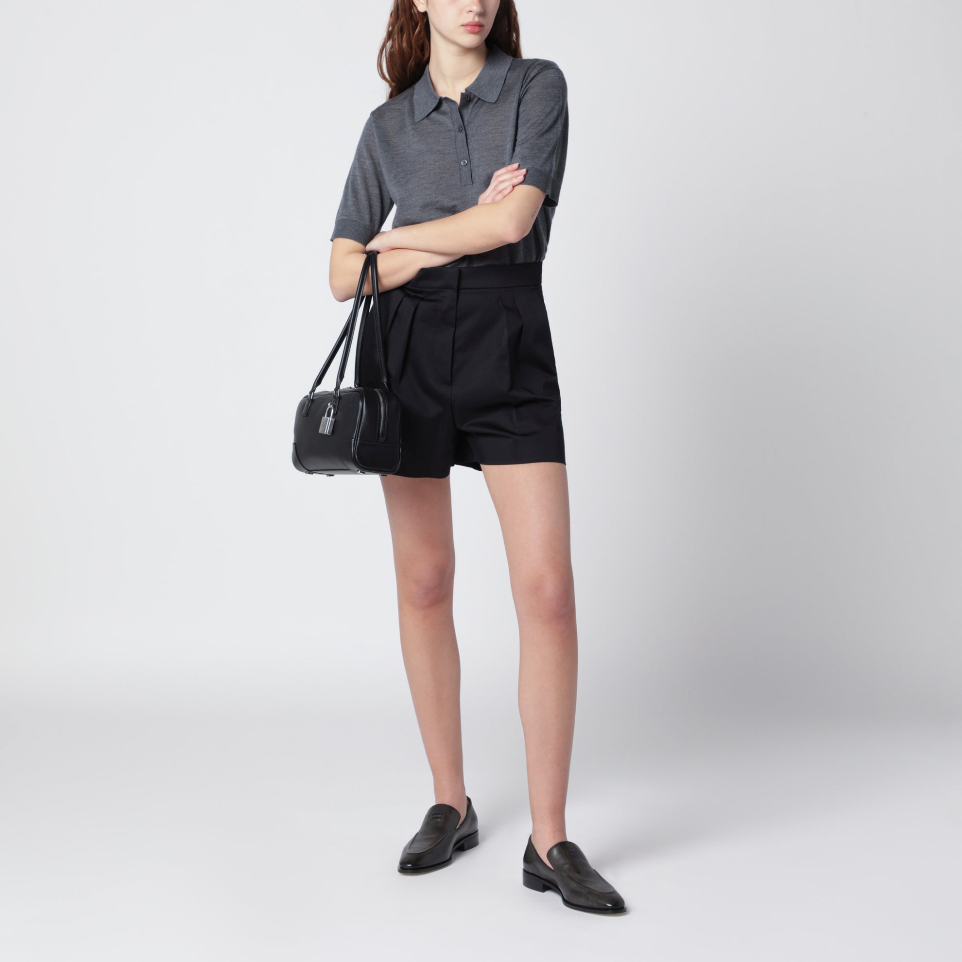 Black stretch cotton satin shorts