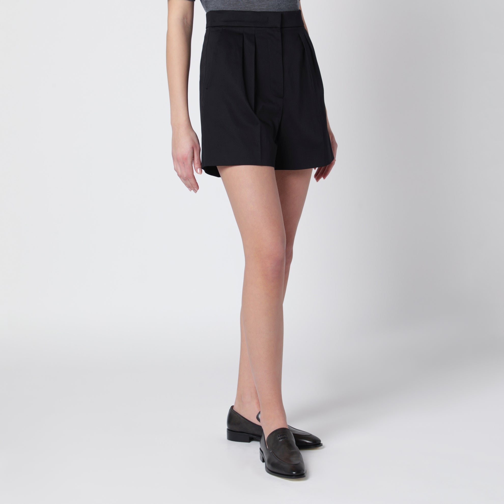 Black stretch cotton satin shorts