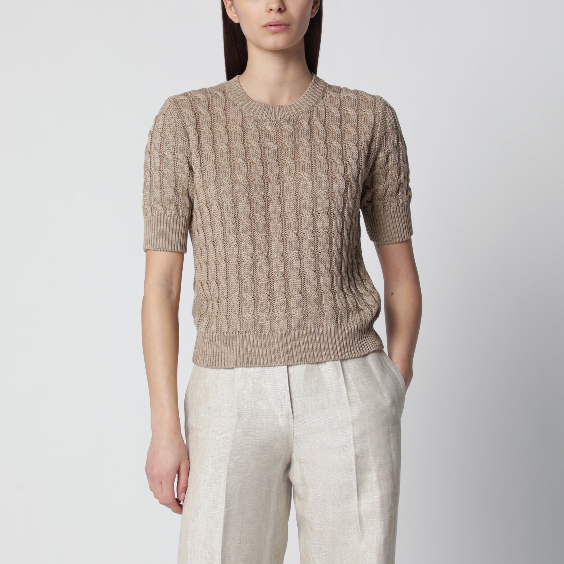 Maglia girocollo a trecce in lino color Deserto