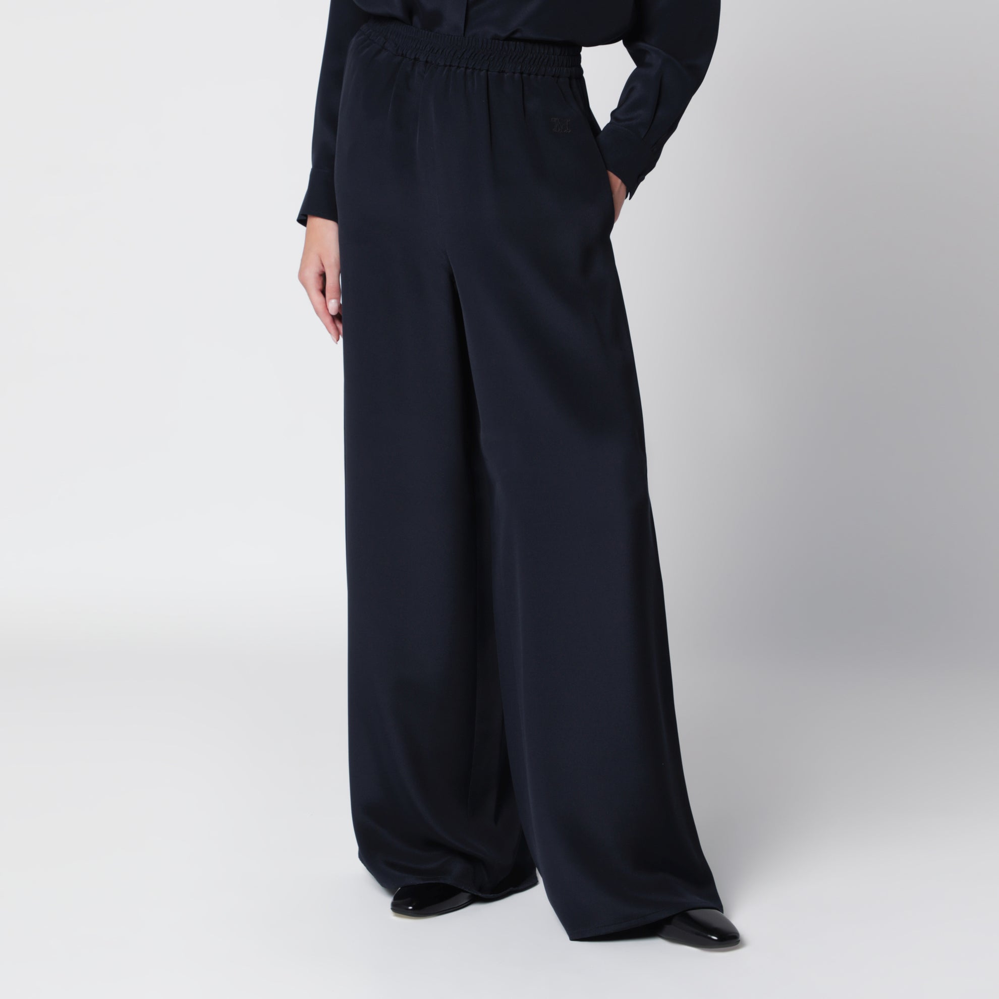 Navy blue silk relaxed trousers
