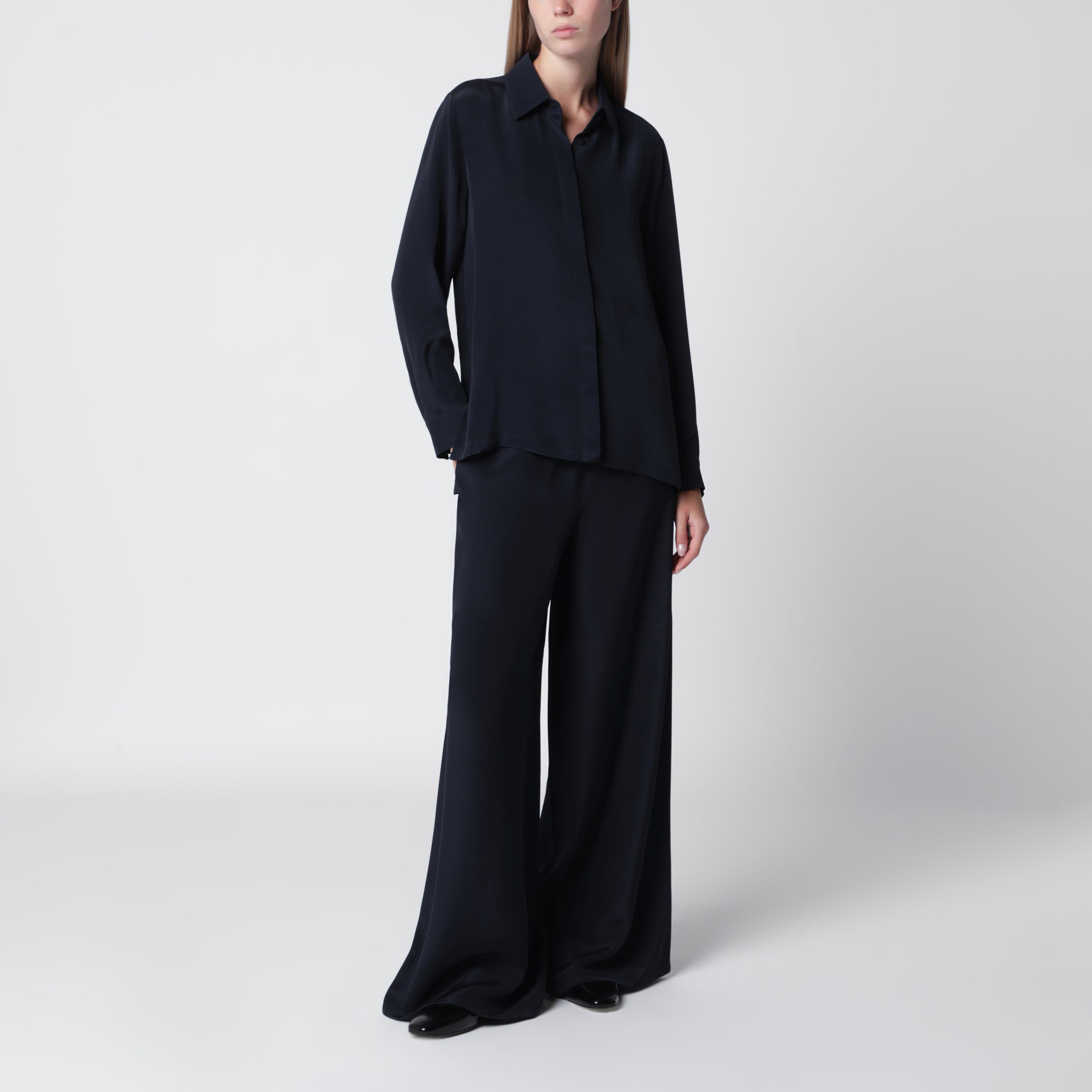 Navy blue silk relaxed trousers