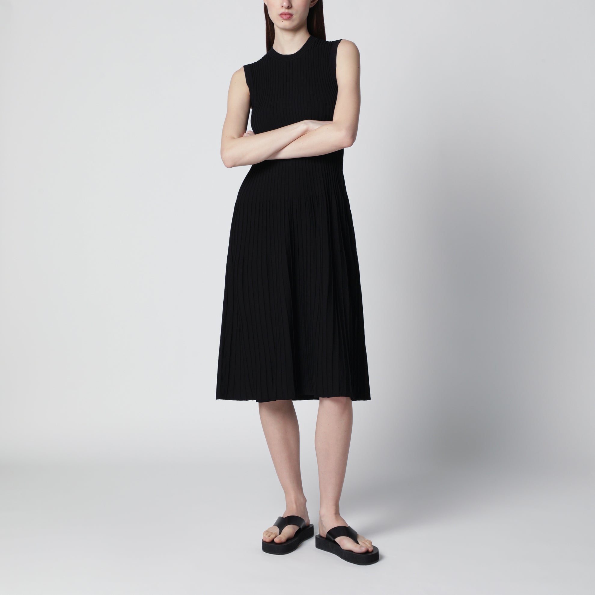 MAX MARA Midi fit-and-flare ribbed viscose crêpe dress in black