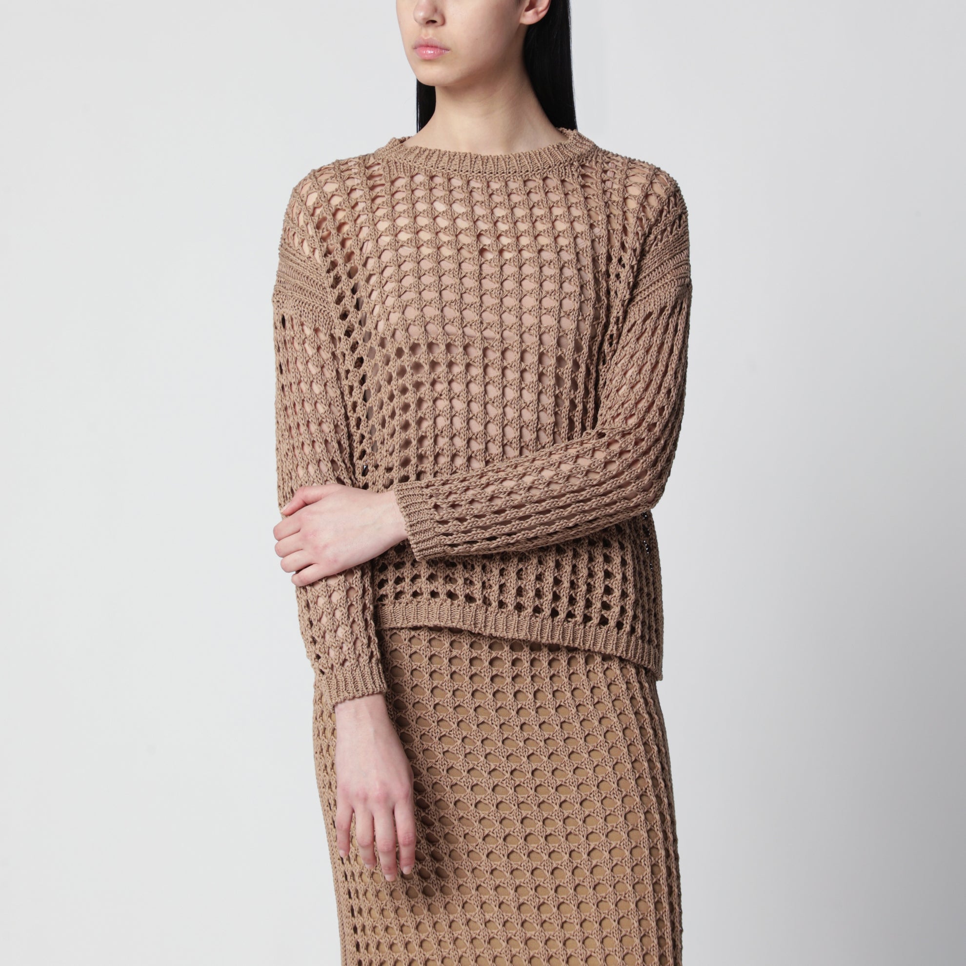 Cotton mesh long-sleeve sweater in Desert