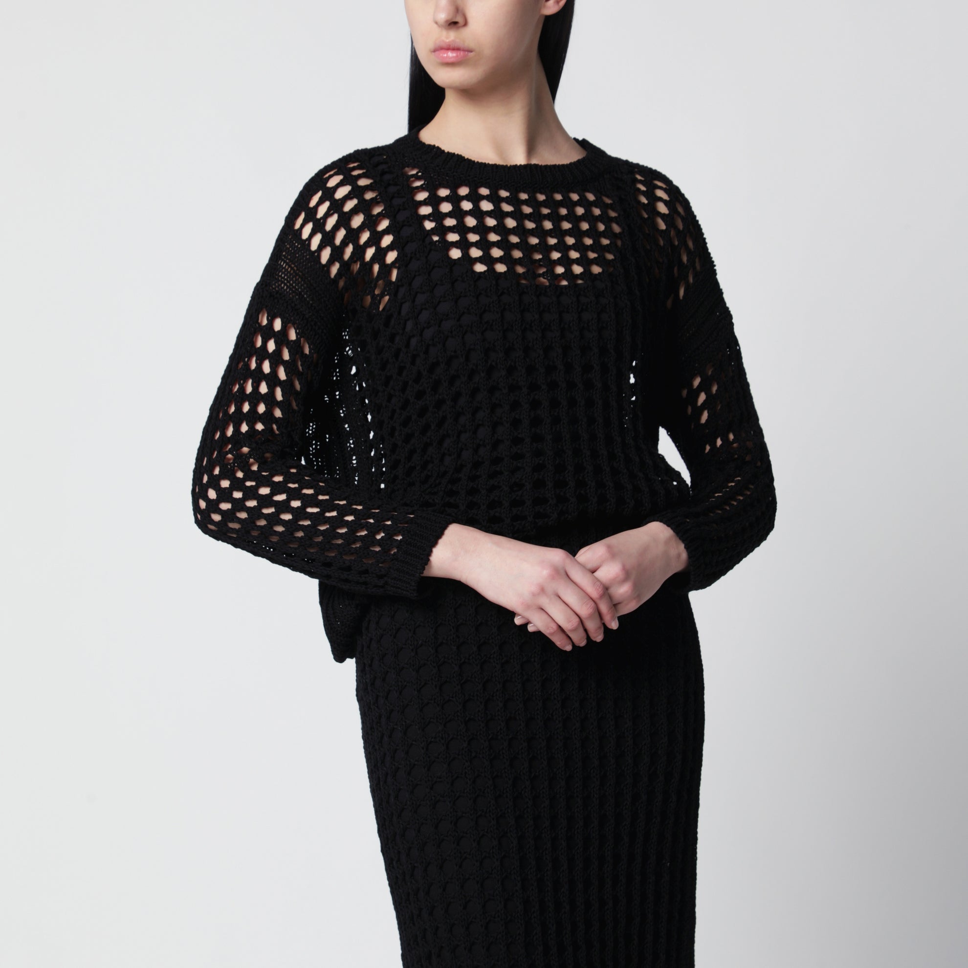 Cotton mesh long-sleeve sweater in Black