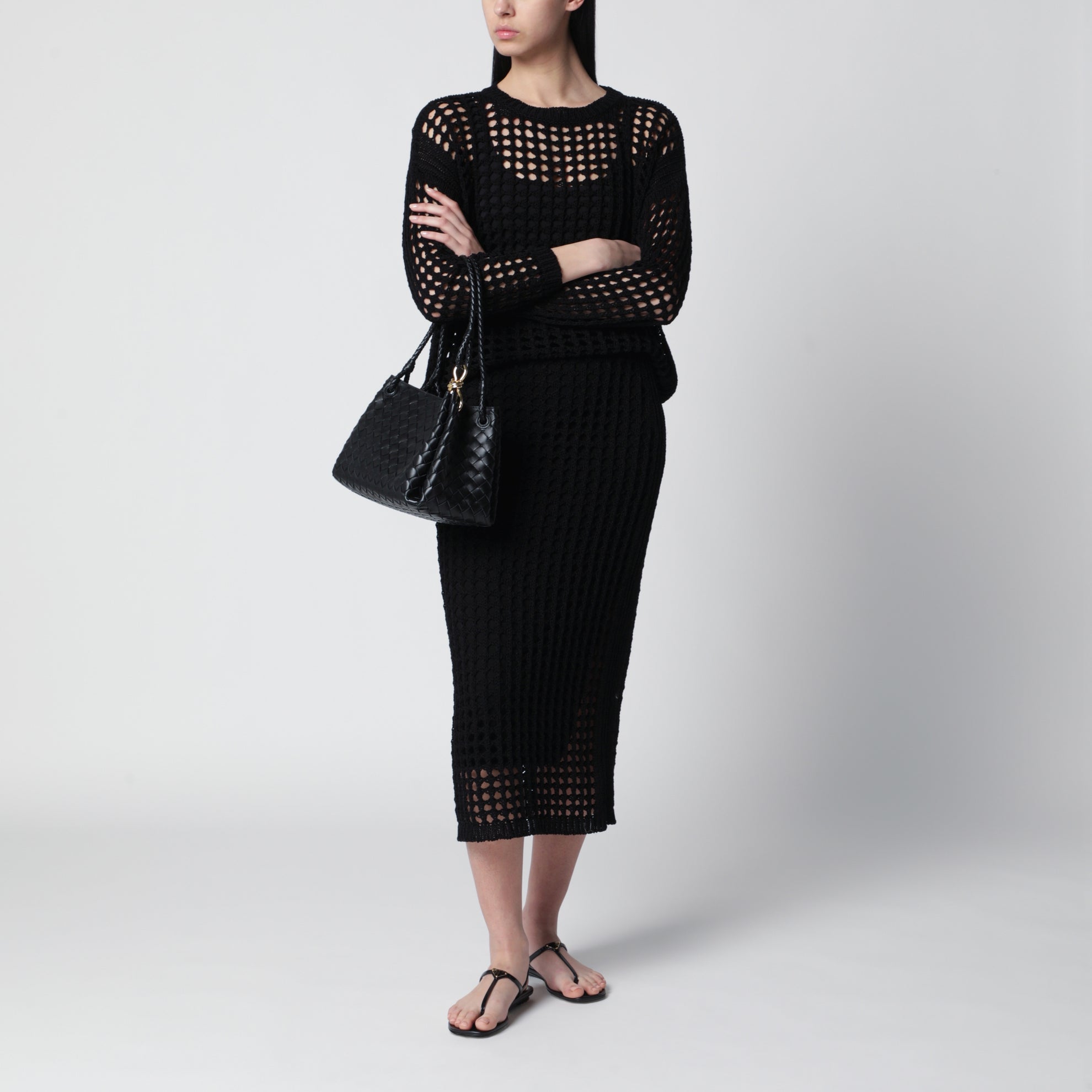 Long sheer net cotton skirt in black
