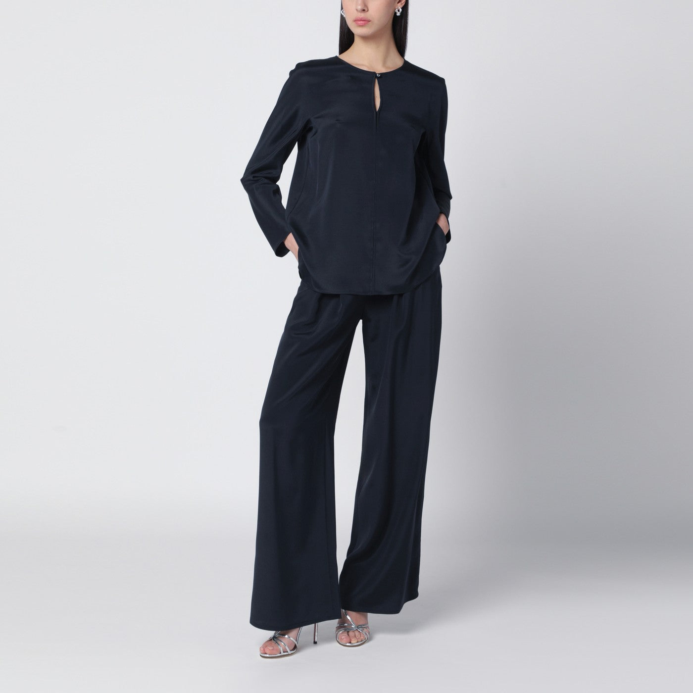 Midnight blue silk-blend blouse